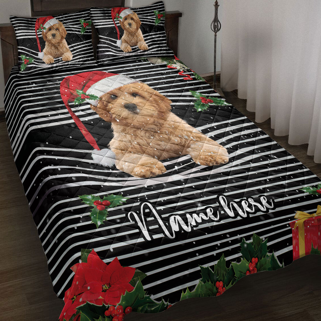 Ohaprints-Quilt-Bed-Set-Pillowcase-Goldendoodle-Christmas-Striped-Santa-Hat-Custom-Personalized-Name-Blanket-Bedspread-Bedding-4098-Throw (55'' x 60'')