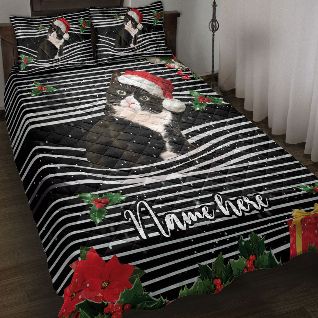 Ohaprints-Quilt-Bed-Set-Pillowcase-Tuxedo-Cat-Christmas-Striped-With-Santa-Hat-Custom-Personalized-Name-Blanket-Bedspread-Bedding-4099-Throw (55'' x 60'')