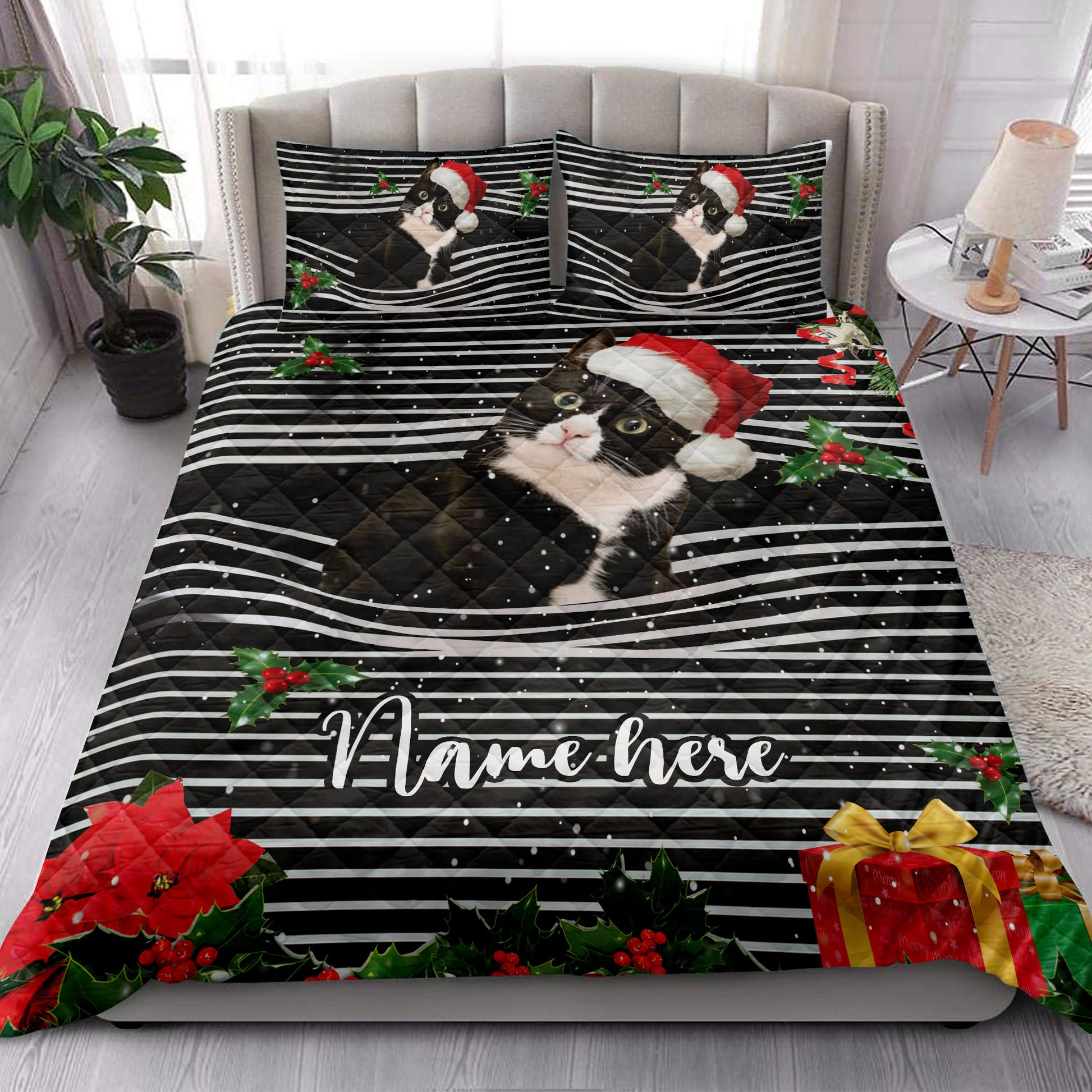 Ohaprints-Quilt-Bed-Set-Pillowcase-Tuxedo-Cat-Christmas-Striped-With-Santa-Hat-Custom-Personalized-Name-Blanket-Bedspread-Bedding-4099-King (90'' x 100'')