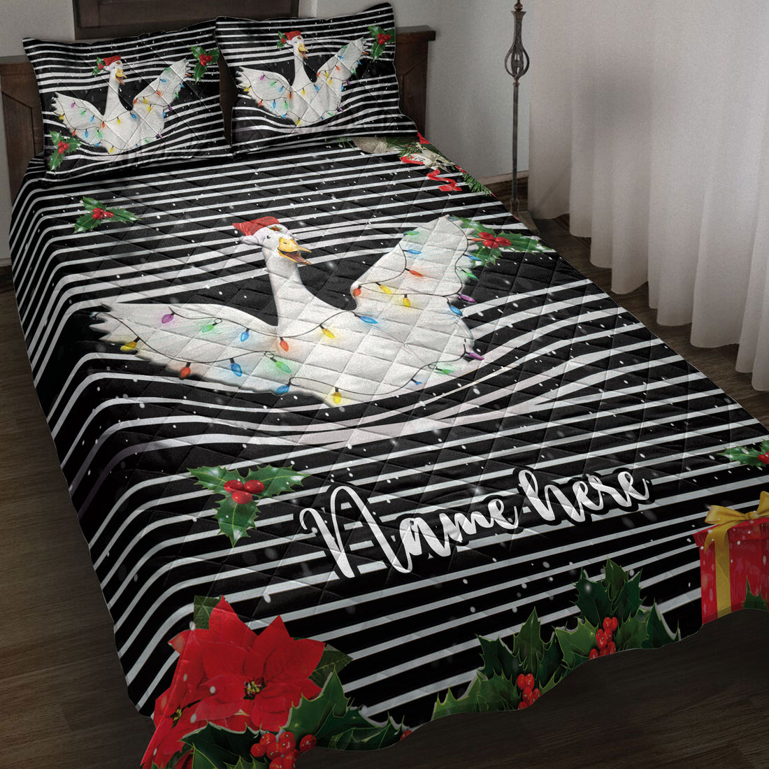 Ohaprints-Quilt-Bed-Set-Pillowcase-Duck-Christmas-String-Lights-Striped-Custom-Personalized-Name-Blanket-Bedspread-Bedding-4100-Throw (55'' x 60'')