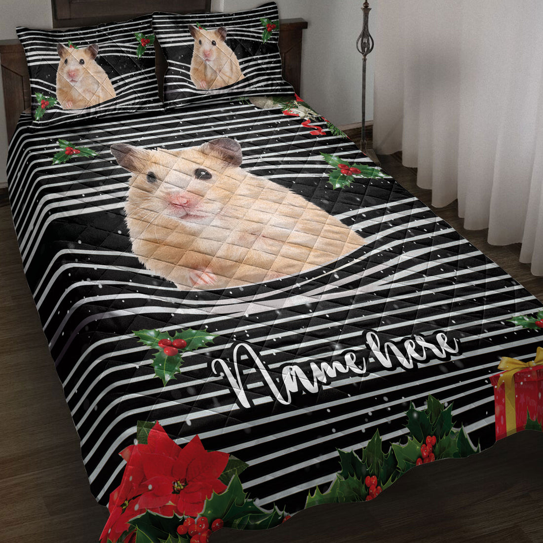 Ohaprints-Quilt-Bed-Set-Pillowcase-Hamster-Christmas-Striped-With-Santa-Hat-Custom-Personalized-Name-Blanket-Bedspread-Bedding-4101-Throw (55'' x 60'')