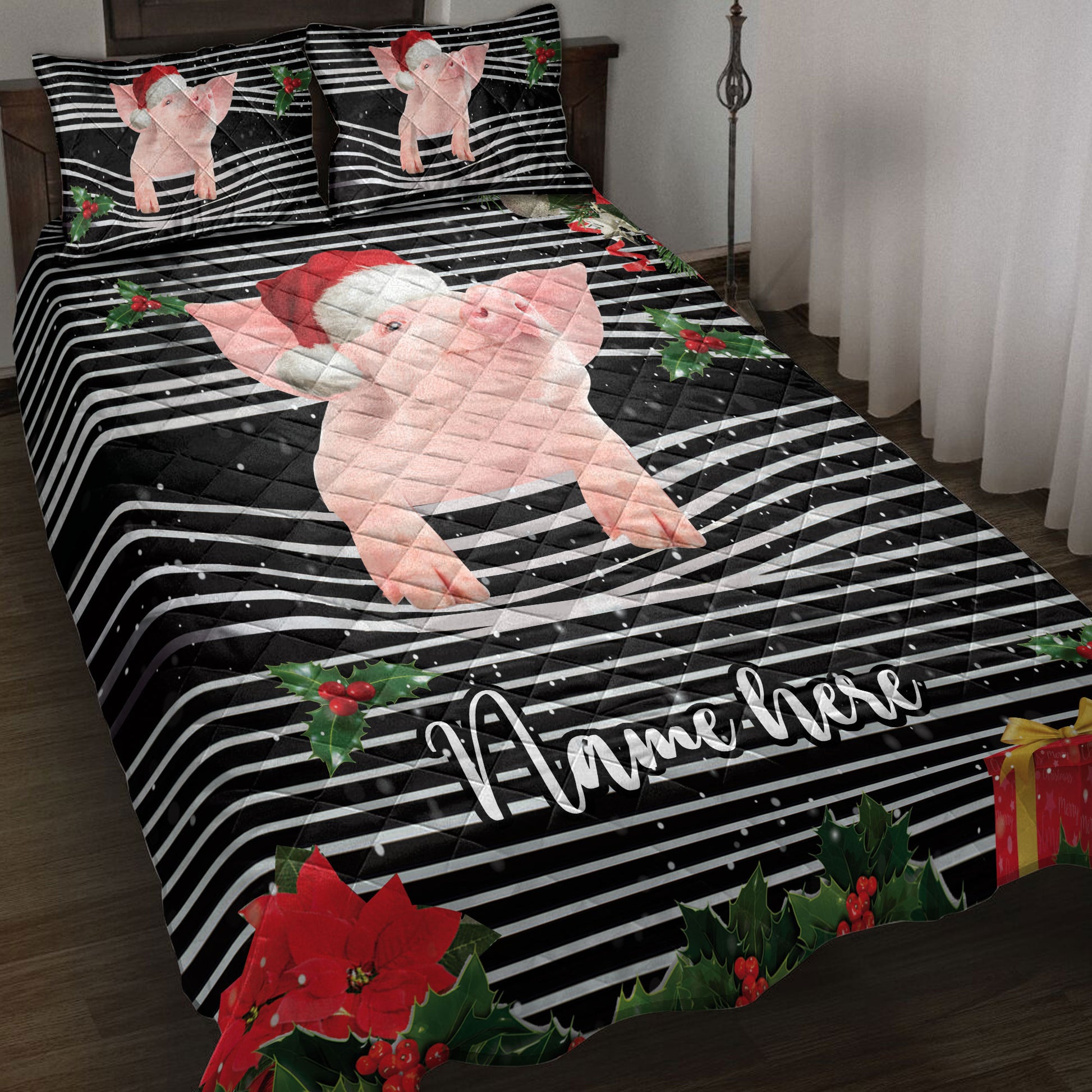 Ohaprints-Quilt-Bed-Set-Pillowcase-Pig-Christmas-Striped-With-Santa-Hat-Custom-Personalized-Name-Blanket-Bedspread-Bedding-4102-Throw (55'' x 60'')