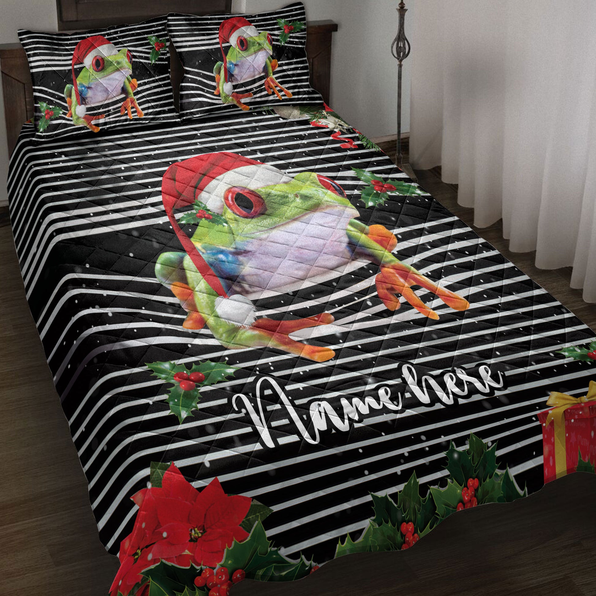 Ohaprints-Quilt-Bed-Set-Pillowcase-Frog-Christmas-Striped-With-Santa-Hat-Custom-Personalized-Name-Blanket-Bedspread-Bedding-4103-Throw (55'' x 60'')