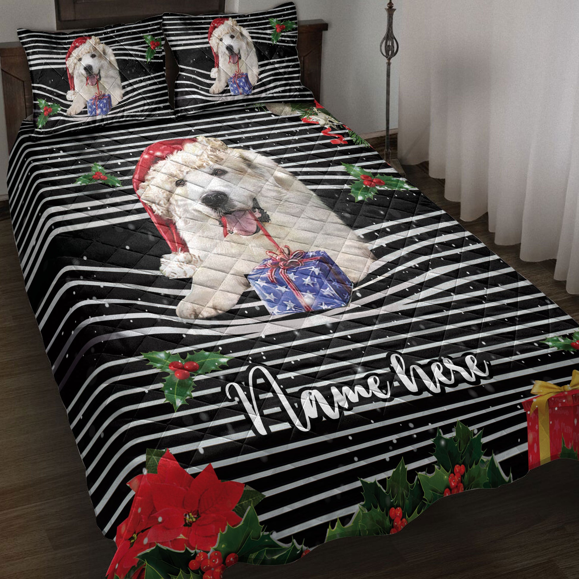 Ohaprints-Quilt-Bed-Set-Pillowcase-Great-Pyrenees-Christmas-Striped-Santa-Hat-Custom-Personalized-Name-Blanket-Bedspread-Bedding-4104-Throw (55'' x 60'')