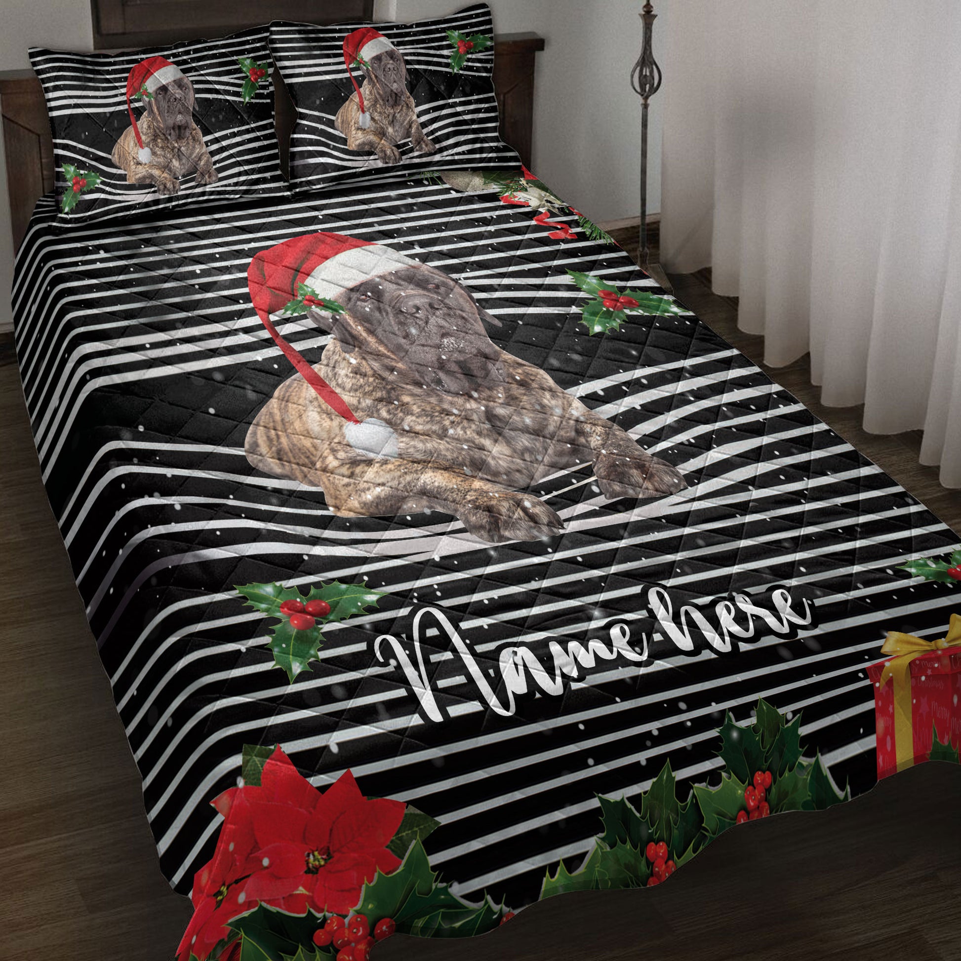 Ohaprints-Quilt-Bed-Set-Pillowcase-Brindle-English-Mastiff-Christmas-Striped-Custom-Personalized-Name-Blanket-Bedspread-Bedding-4105-Throw (55'' x 60'')