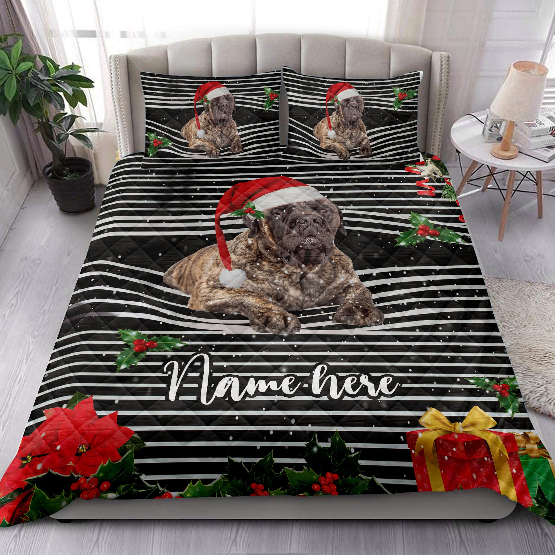 Ohaprints-Quilt-Bed-Set-Pillowcase-Brindle-English-Mastiff-Christmas-Striped-Custom-Personalized-Name-Blanket-Bedspread-Bedding-4105-King (90'' x 100'')