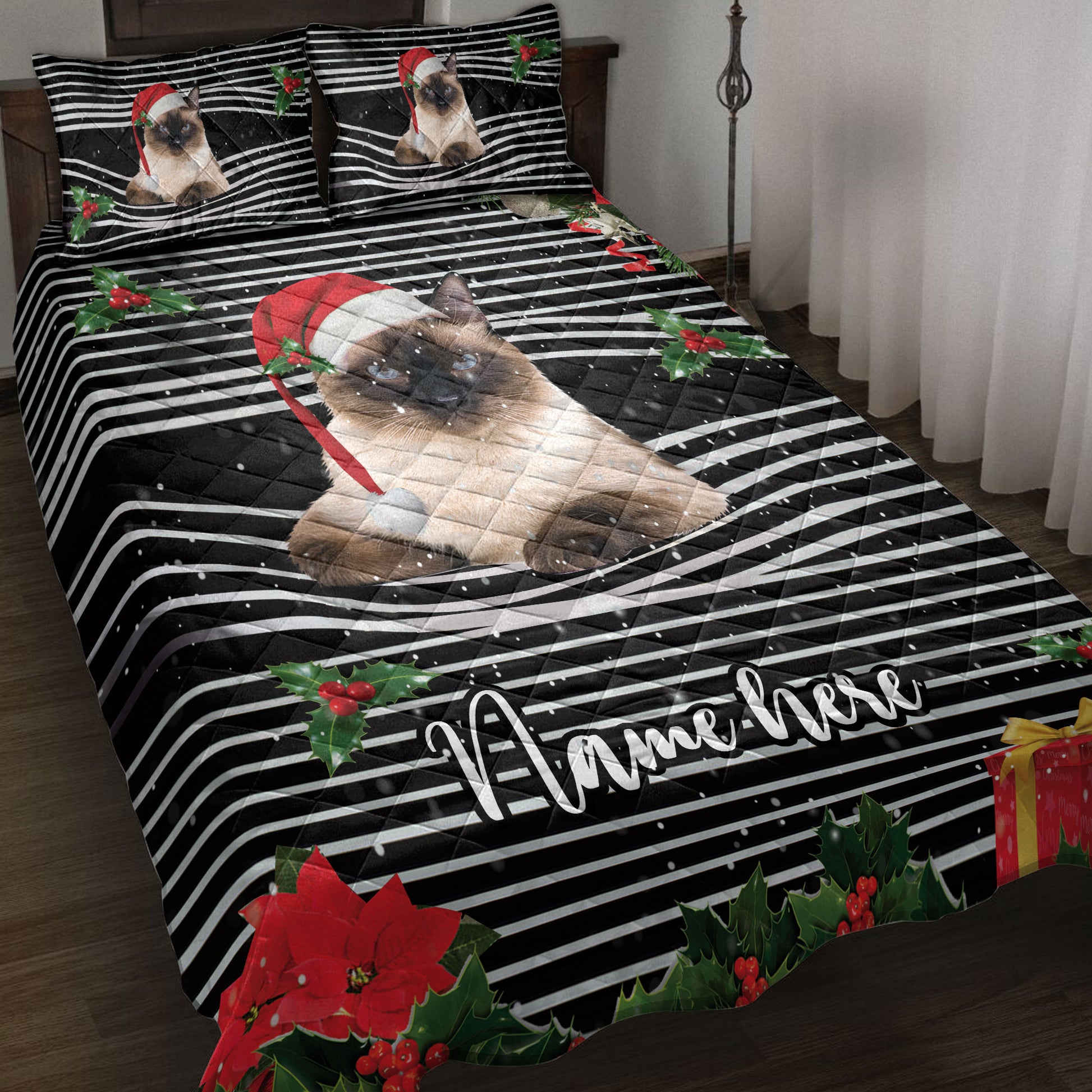 Ohaprints-Quilt-Bed-Set-Pillowcase-Siamese-Christmas-Striped-With-Santa-Hat-Custom-Personalized-Name-Blanket-Bedspread-Bedding-4106-Throw (55'' x 60'')