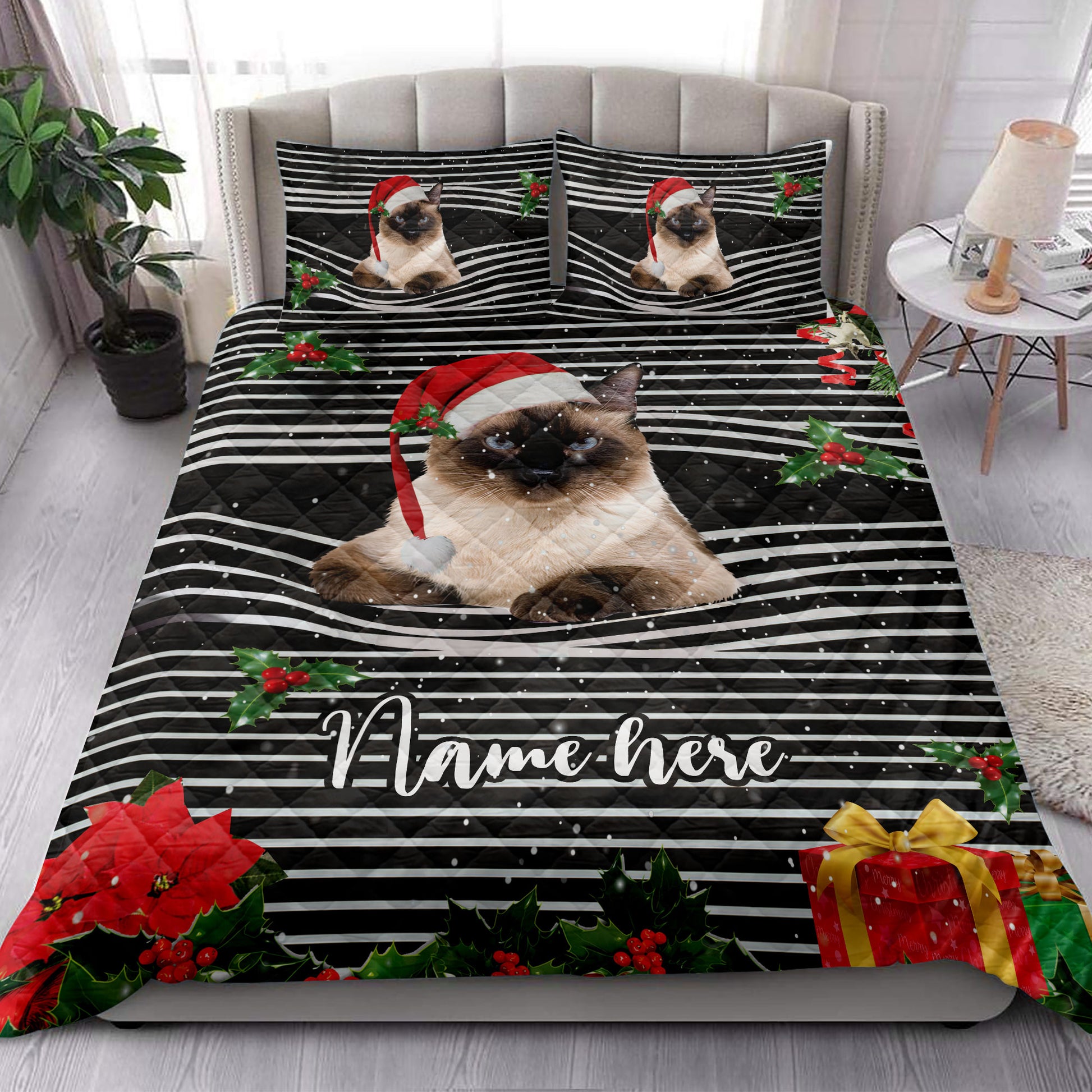 Ohaprints-Quilt-Bed-Set-Pillowcase-Siamese-Christmas-Striped-With-Santa-Hat-Custom-Personalized-Name-Blanket-Bedspread-Bedding-4106-King (90'' x 100'')