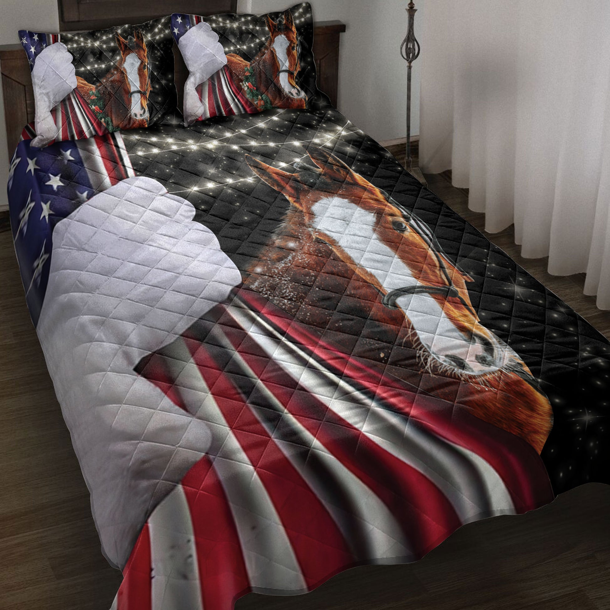 Ohaprints-Quilt-Bed-Set-Pillowcase-Horse-Snowflake-Christmas-String-Light-Us-Flag-Gift-For-Horse-Lovers-Blanket-Bedspread-Bedding-4107-Throw (55'' x 60'')