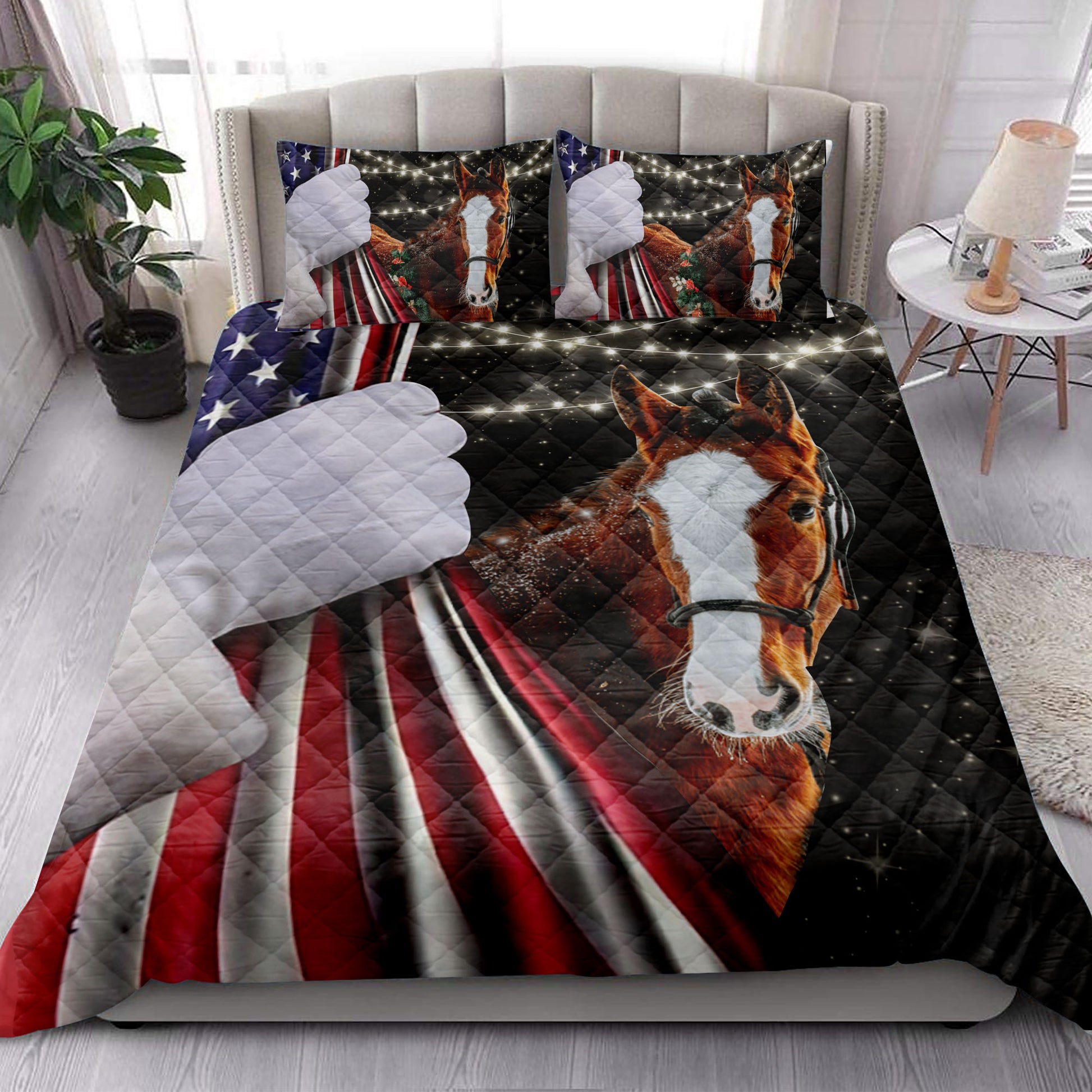 Ohaprints-Quilt-Bed-Set-Pillowcase-Horse-Snowflake-Christmas-String-Light-Us-Flag-Gift-For-Horse-Lovers-Blanket-Bedspread-Bedding-4107-King (90'' x 100'')