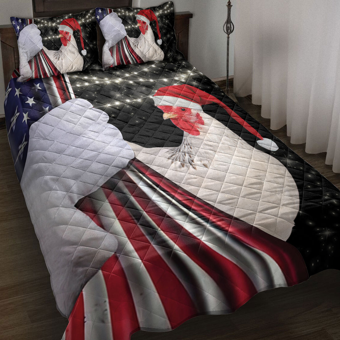 Ohaprints-Quilt-Bed-Set-Pillowcase-Chicken-Rooster-Santa-Hat-Snowflake-Christmas-String-Light-Us-Flag-Blanket-Bedspread-Bedding-4108-Throw (55'' x 60'')