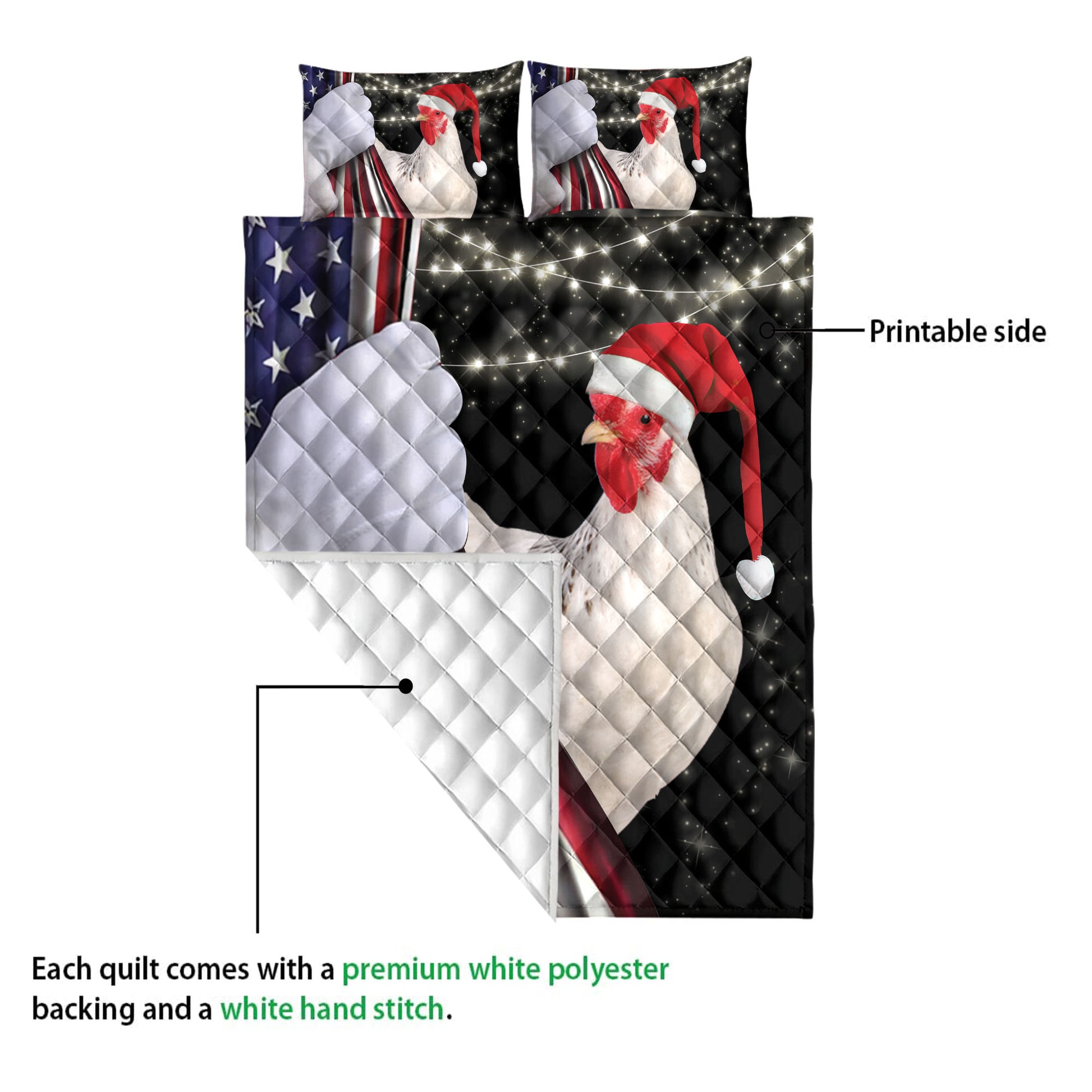 Ohaprints-Quilt-Bed-Set-Pillowcase-Chicken-Rooster-Santa-Hat-Snowflake-Christmas-String-Light-Us-Flag-Blanket-Bedspread-Bedding-4108-Queen (80'' x 90'')