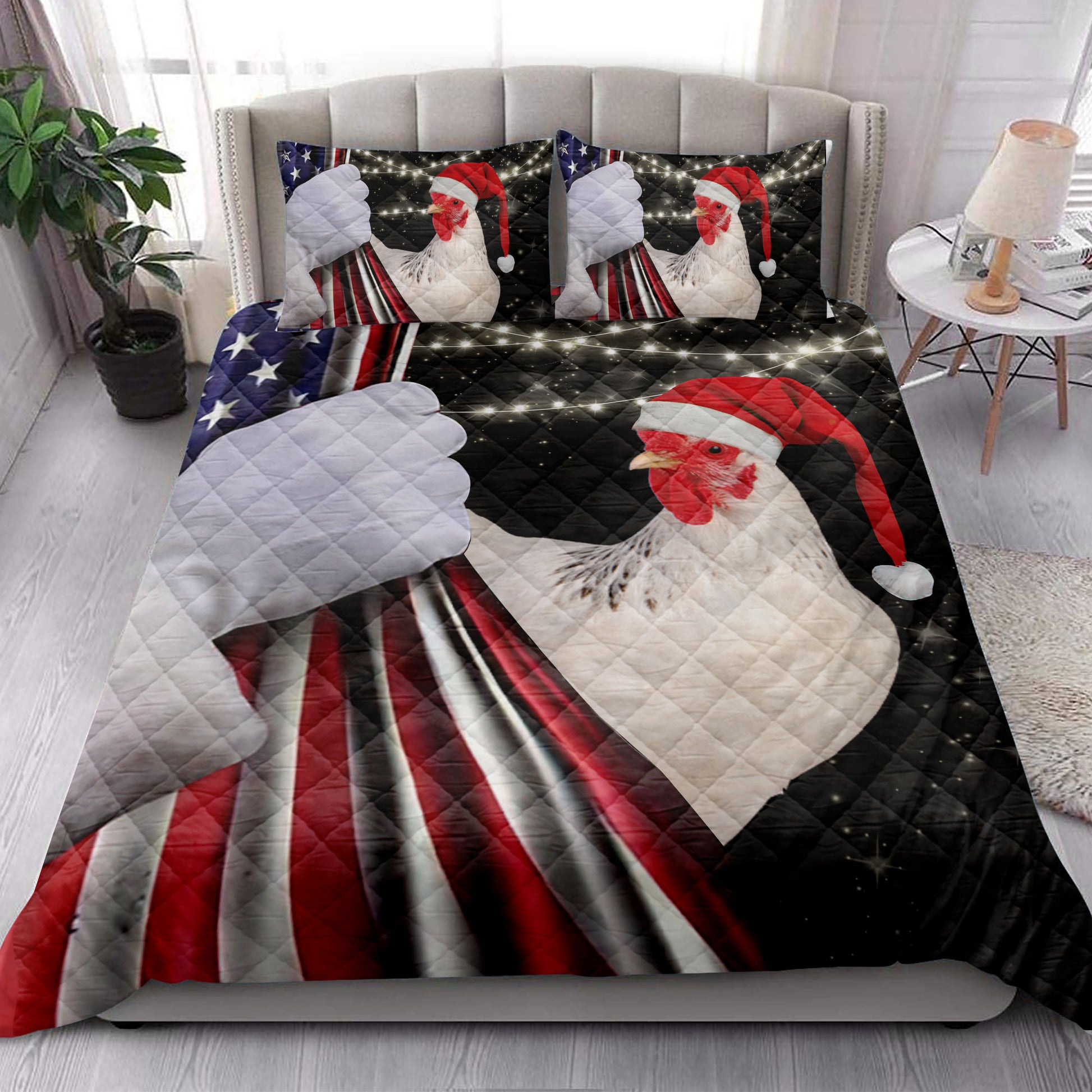 Ohaprints-Quilt-Bed-Set-Pillowcase-Chicken-Rooster-Santa-Hat-Snowflake-Christmas-String-Light-Us-Flag-Blanket-Bedspread-Bedding-4108-King (90'' x 100'')