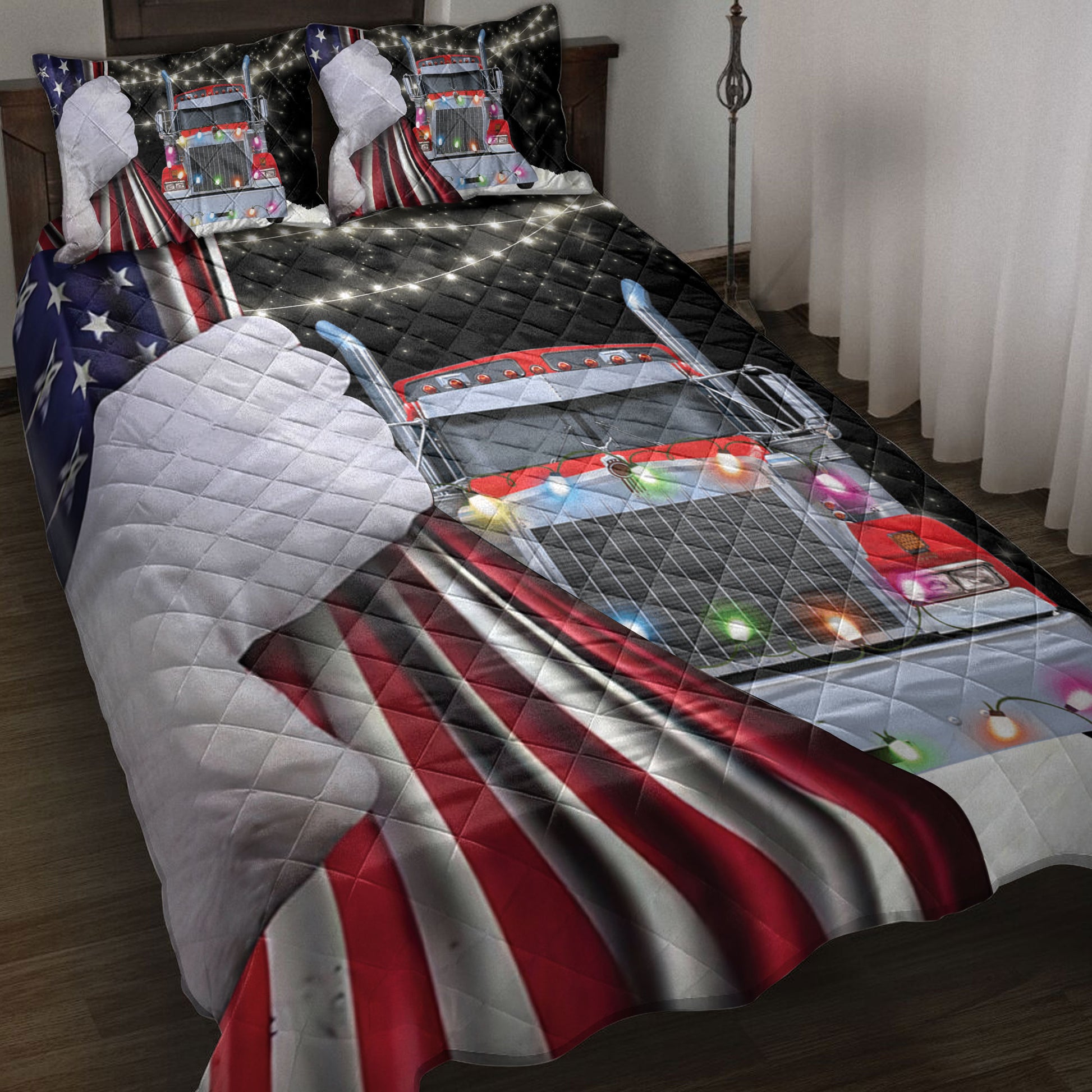 Ohaprints-Quilt-Bed-Set-Pillowcase-Red-Truck-Christmas-String-Light--Snowflake-Us-Flag-Gift-For-Trucker-Blanket-Bedspread-Bedding-4109-Throw (55'' x 60'')