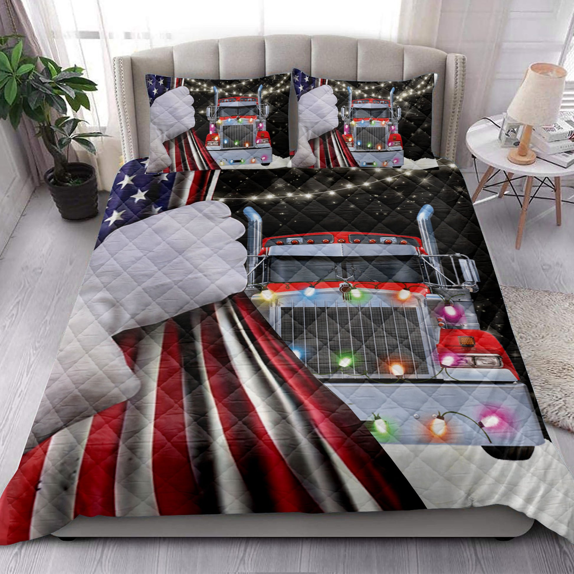 Ohaprints-Quilt-Bed-Set-Pillowcase-Red-Truck-Christmas-String-Light--Snowflake-Us-Flag-Gift-For-Trucker-Blanket-Bedspread-Bedding-4109-King (90'' x 100'')