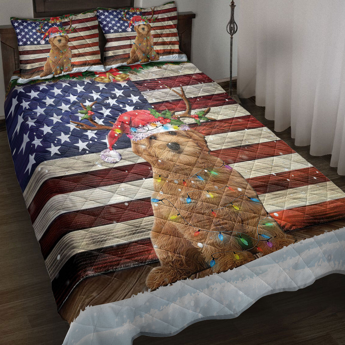 Ohaprints-Quilt-Bed-Set-Pillowcase-Goldendoodle-Wearing-A-Christmas-Hat-With-String-Light-Us-Flag-Blanket-Bedspread-Bedding-4110-Throw (55'' x 60'')