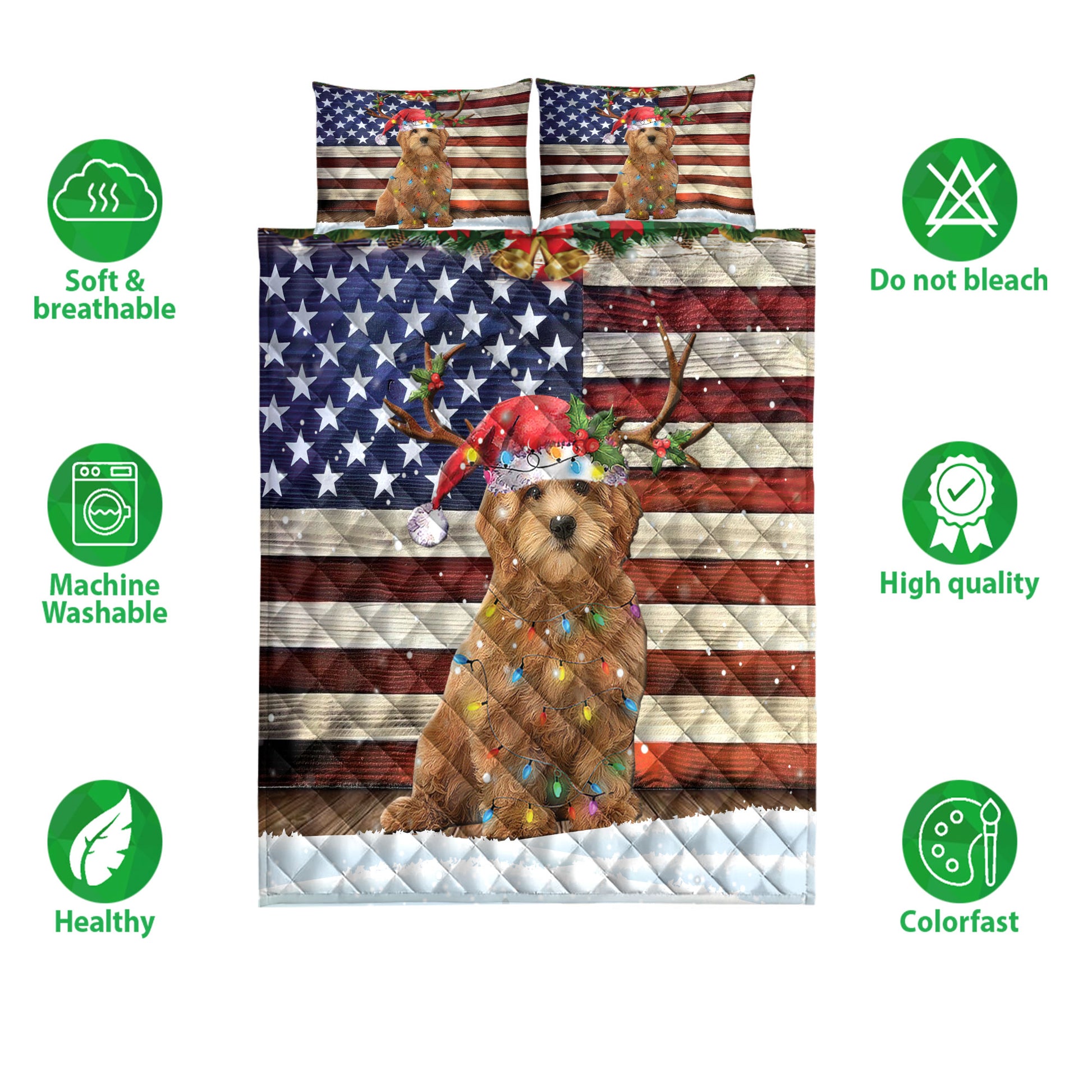 Ohaprints-Quilt-Bed-Set-Pillowcase-Goldendoodle-Wearing-A-Christmas-Hat-With-String-Light-Us-Flag-Blanket-Bedspread-Bedding-4110-Double (70'' x 80'')