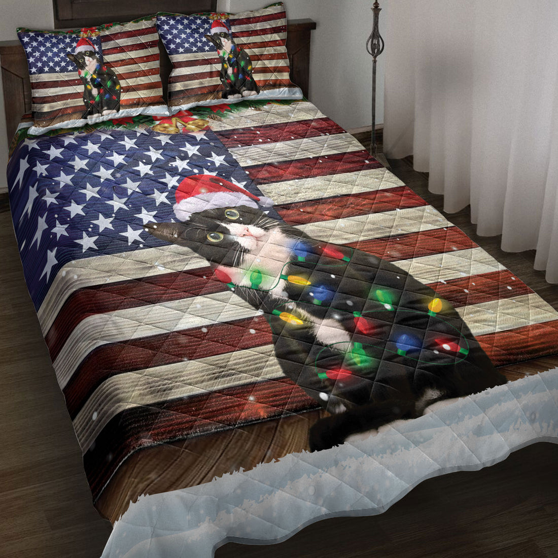 Ohaprints-Quilt-Bed-Set-Pillowcase-Tuxedo-Cat-Wearing-A-Christmas-Hat-With-String-Light-Us-Flag-Blanket-Bedspread-Bedding-4111-Throw (55'' x 60'')