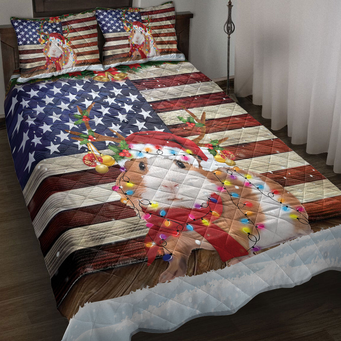 Ohaprints-Quilt-Bed-Set-Pillowcase-Guinea-Pig-Wearing-A-Christmas-Hat-With-String-Light-Us-Flag-Blanket-Bedspread-Bedding-4112-Throw (55'' x 60'')