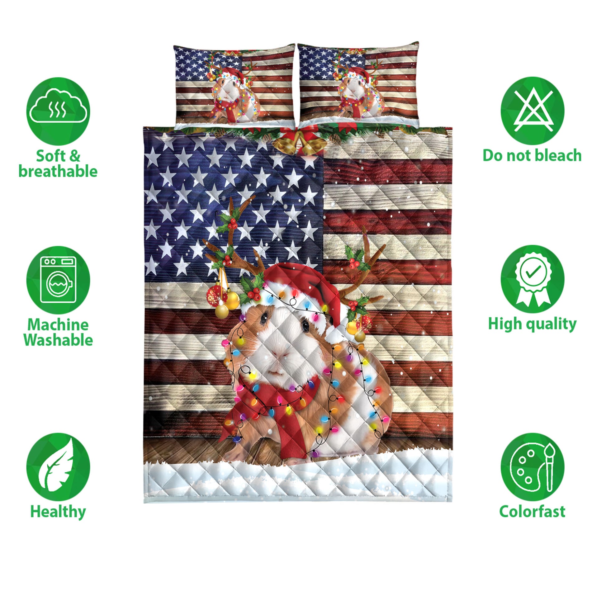 Ohaprints-Quilt-Bed-Set-Pillowcase-Guinea-Pig-Wearing-A-Christmas-Hat-With-String-Light-Us-Flag-Blanket-Bedspread-Bedding-4112-Double (70'' x 80'')