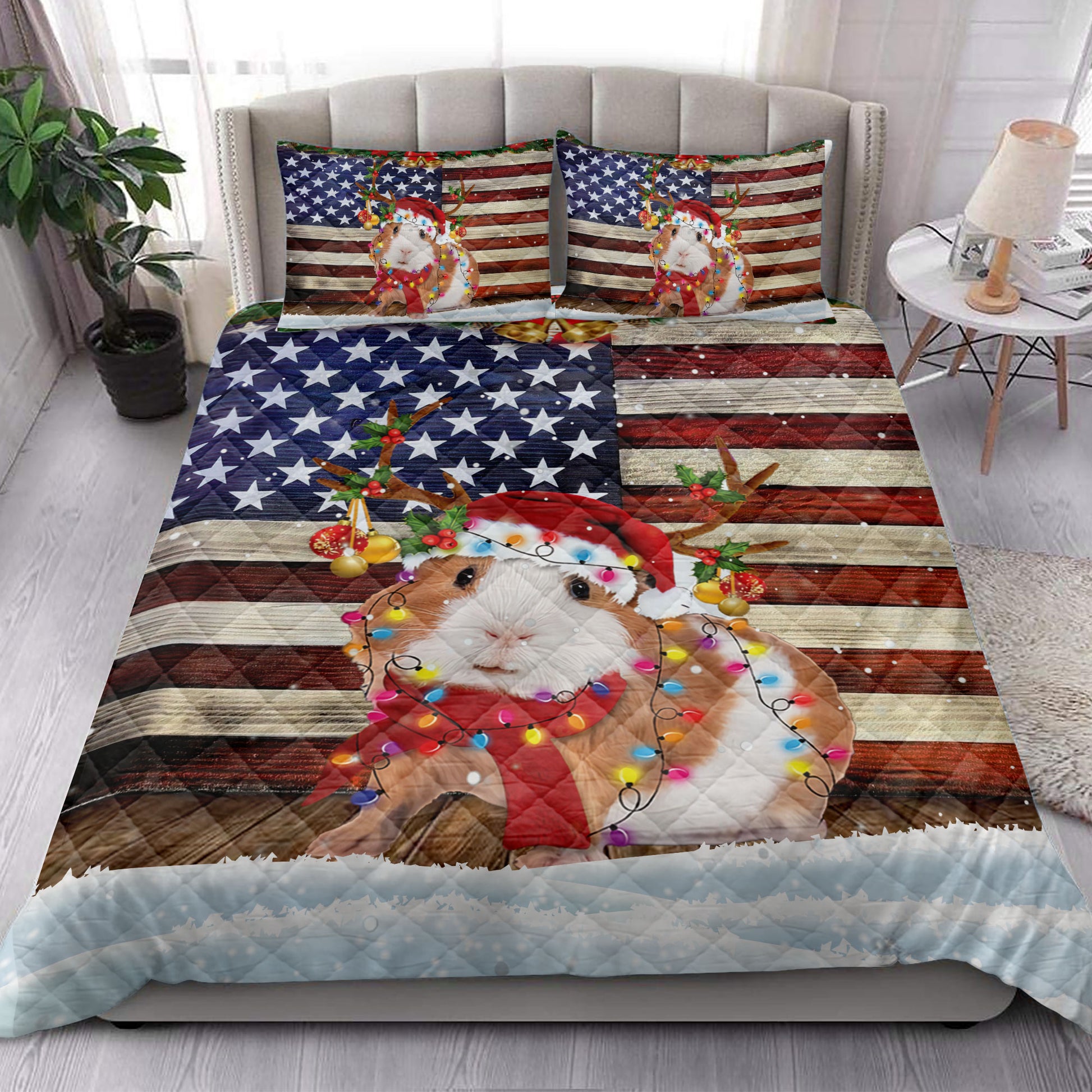 Ohaprints-Quilt-Bed-Set-Pillowcase-Guinea-Pig-Wearing-A-Christmas-Hat-With-String-Light-Us-Flag-Blanket-Bedspread-Bedding-4112-King (90'' x 100'')