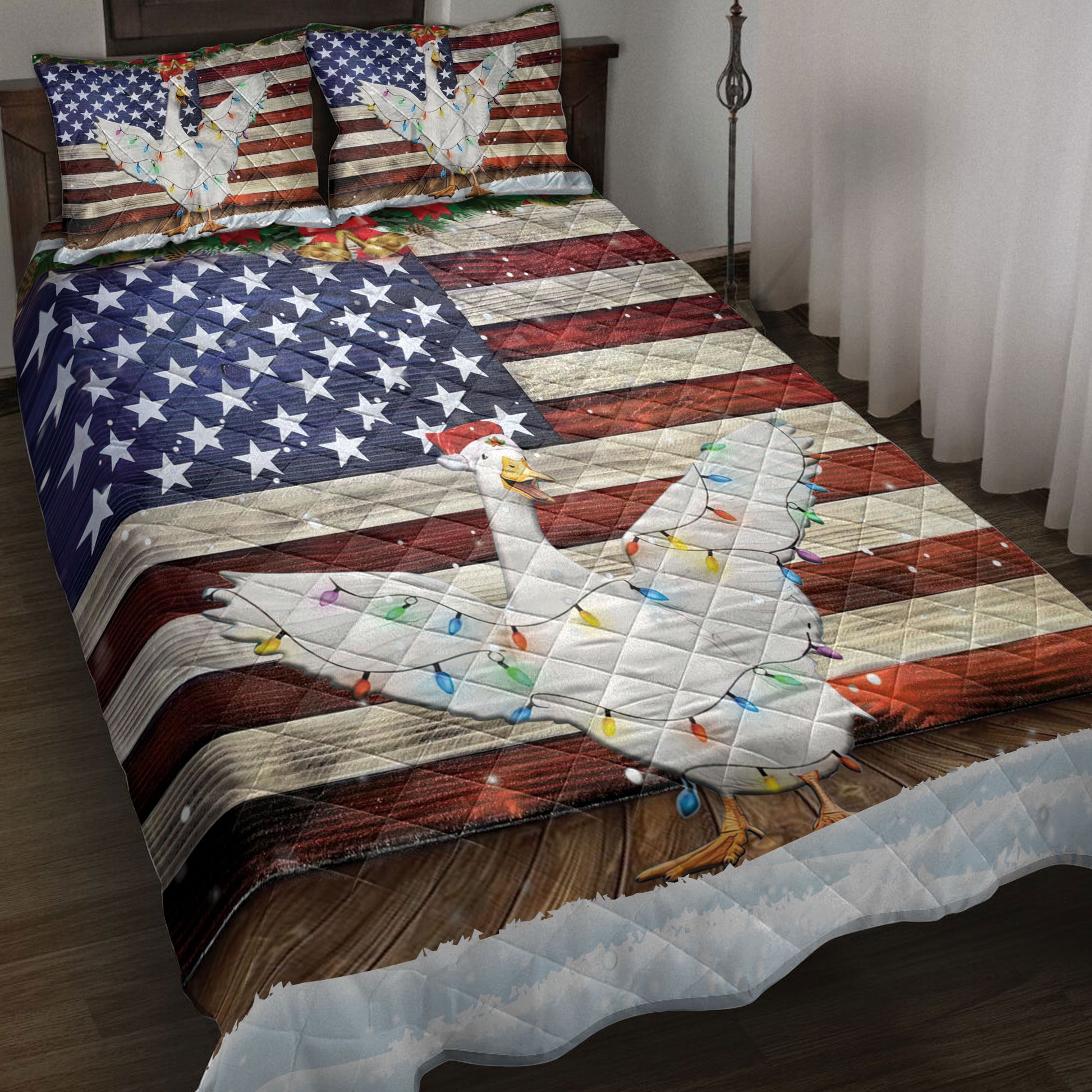 Ohaprints-Quilt-Bed-Set-Pillowcase-Duck-Wearing-A-Christmas-Hat-With-String-Light-American-Flag-Blanket-Bedspread-Bedding-4113-Throw (55'' x 60'')