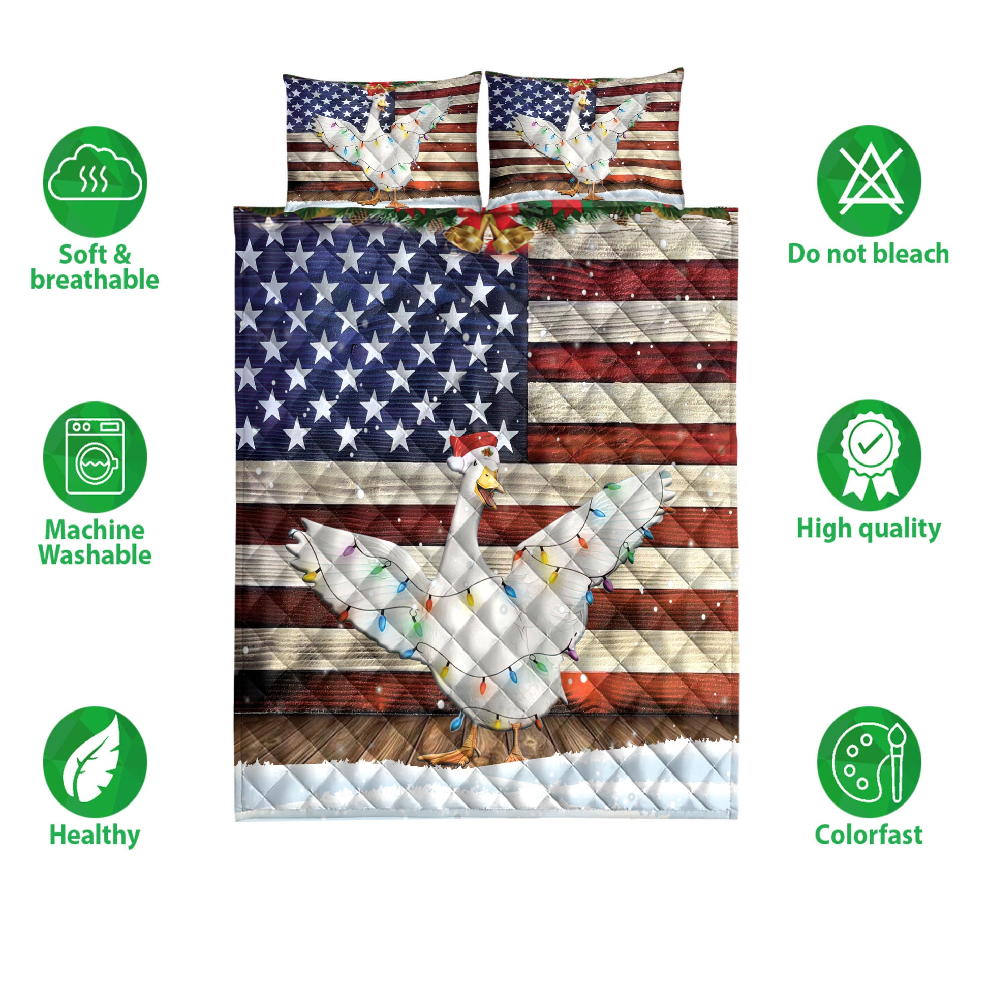 Ohaprints-Quilt-Bed-Set-Pillowcase-Duck-Wearing-A-Christmas-Hat-With-String-Light-American-Flag-Blanket-Bedspread-Bedding-4113-Double (70'' x 80'')