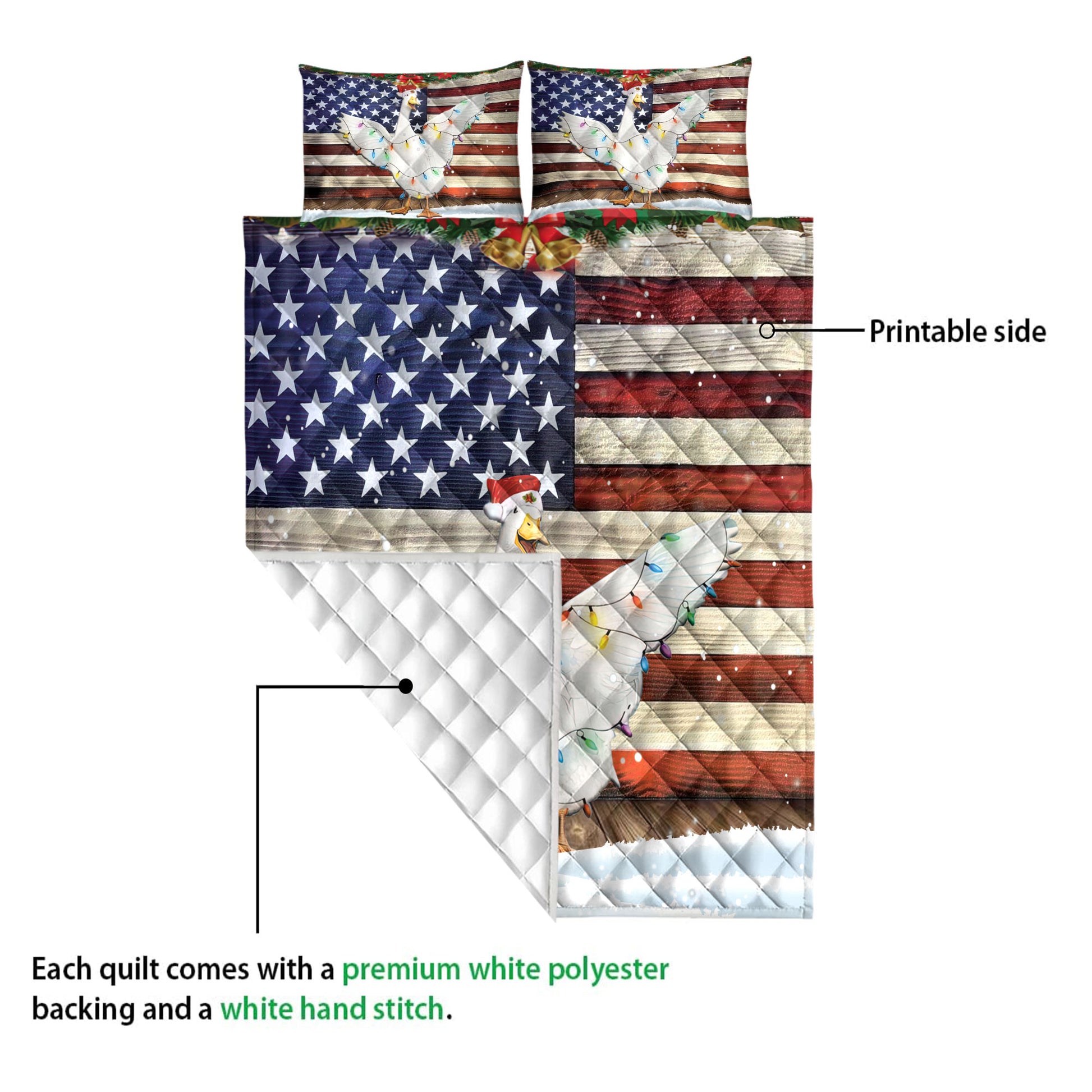 Ohaprints-Quilt-Bed-Set-Pillowcase-Duck-Wearing-A-Christmas-Hat-With-String-Light-American-Flag-Blanket-Bedspread-Bedding-4113-Queen (80'' x 90'')