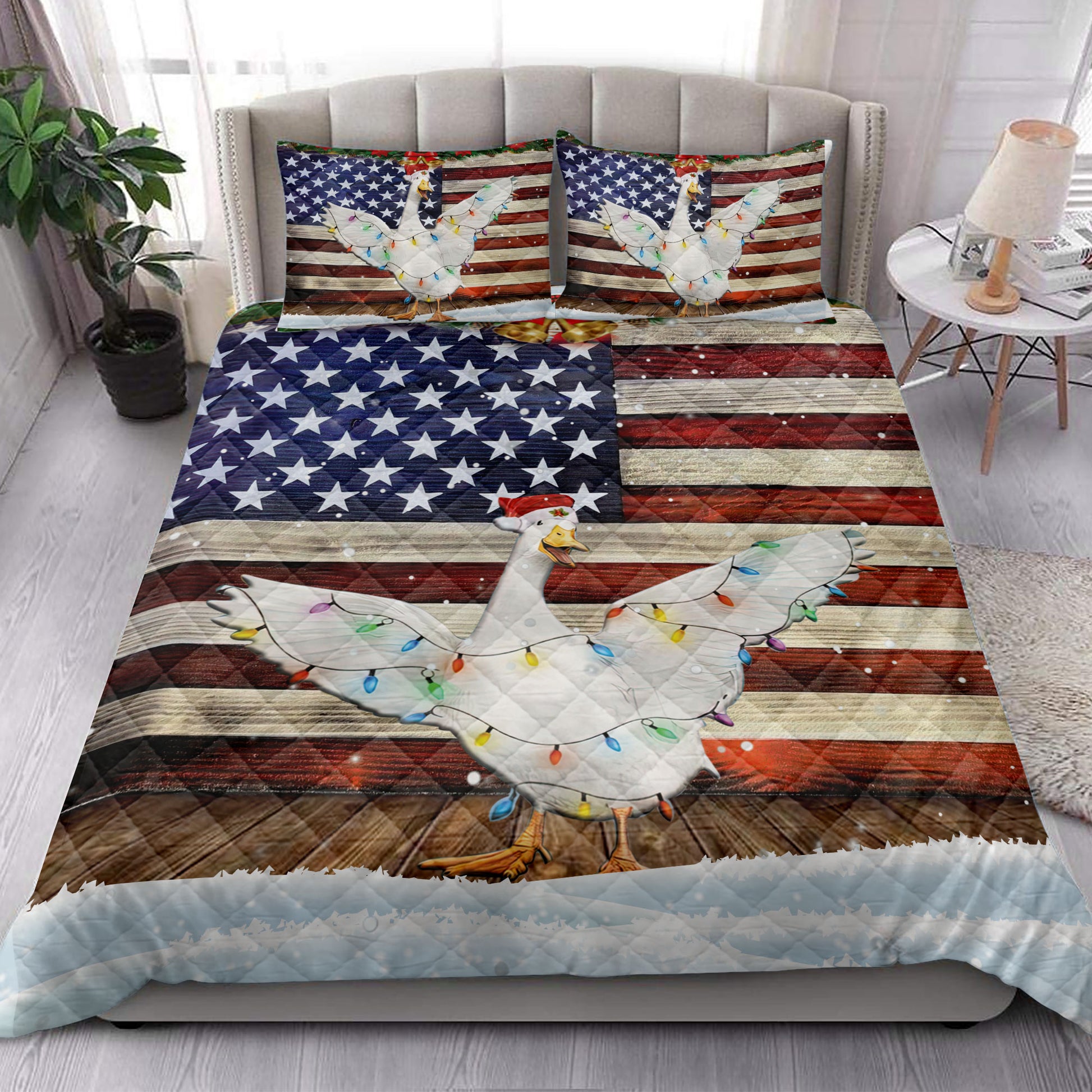 Ohaprints-Quilt-Bed-Set-Pillowcase-Duck-Wearing-A-Christmas-Hat-With-String-Light-American-Flag-Blanket-Bedspread-Bedding-4113-King (90'' x 100'')