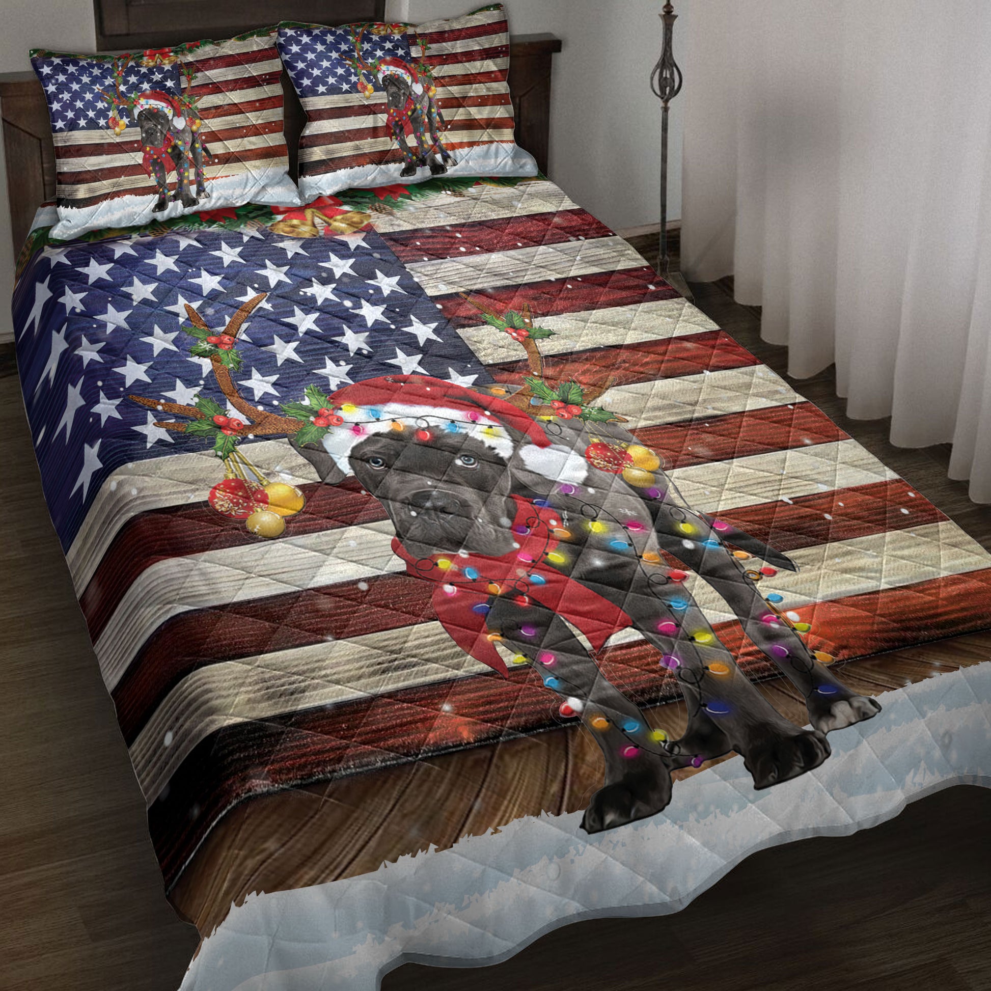 Ohaprints-Quilt-Bed-Set-Pillowcase-Cane-Corso-Wearing-A-Christmas-Hat-With-String-Light-American-Flag\-Blanket-Bedspread-Bedding-4115-Throw (55'' x 60'')