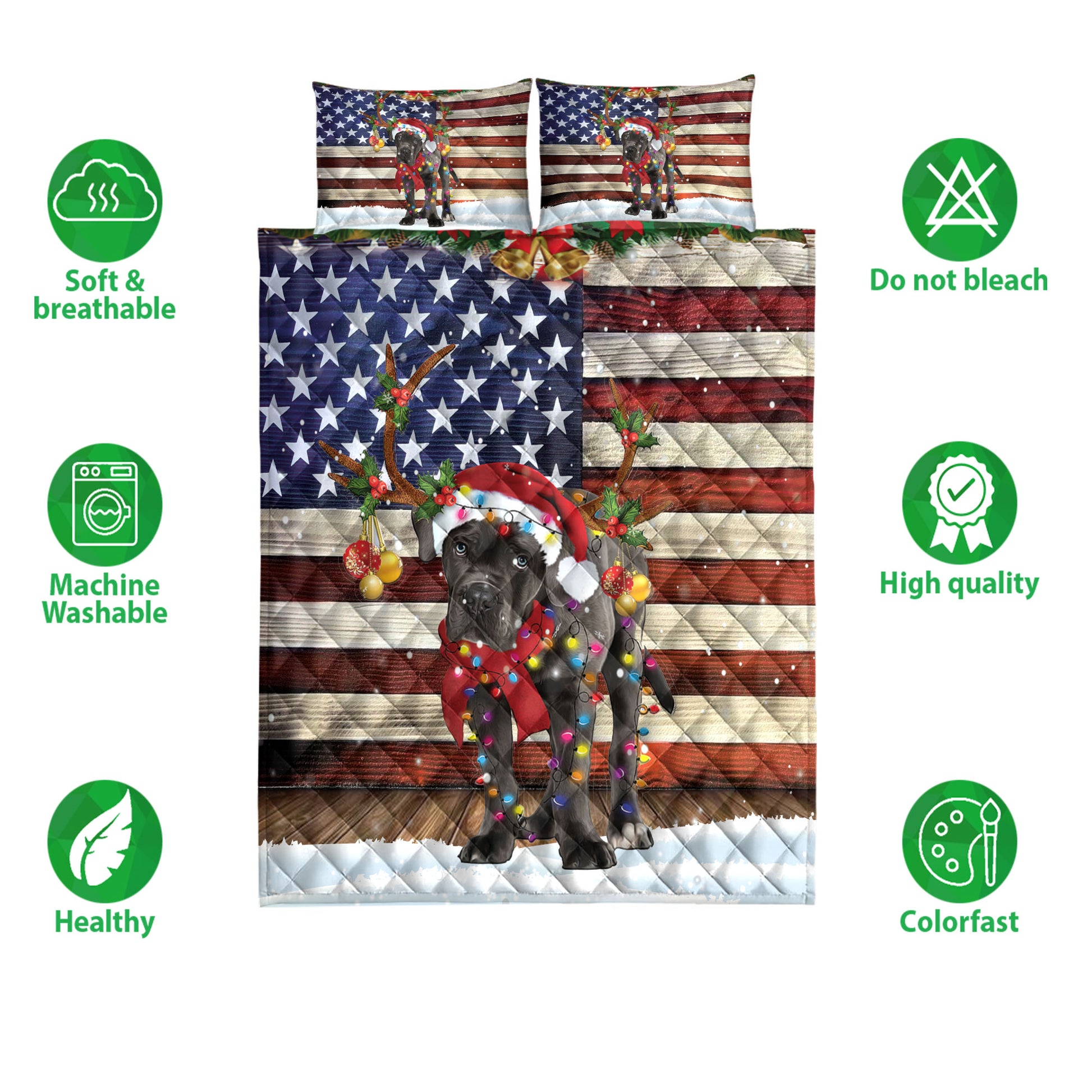 Ohaprints-Quilt-Bed-Set-Pillowcase-Cane-Corso-Wearing-A-Christmas-Hat-With-String-Light-American-Flag\-Blanket-Bedspread-Bedding-4115-Double (70'' x 80'')