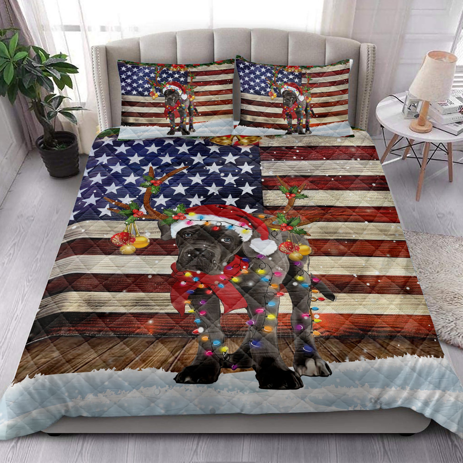 Ohaprints-Quilt-Bed-Set-Pillowcase-Cane-Corso-Wearing-A-Christmas-Hat-With-String-Light-American-Flag\-Blanket-Bedspread-Bedding-4115-King (90'' x 100'')