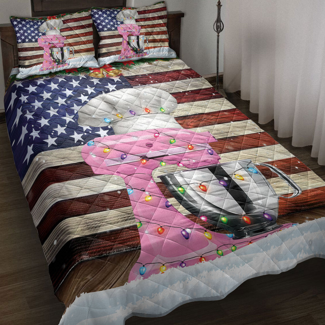 Ohaprints-Quilt-Bed-Set-Pillowcase-Stand-Baking-Mixer-With-String-Lights-American-Flag-Baker-Gift-Blanket-Bedspread-Bedding-4116-Throw (55'' x 60'')