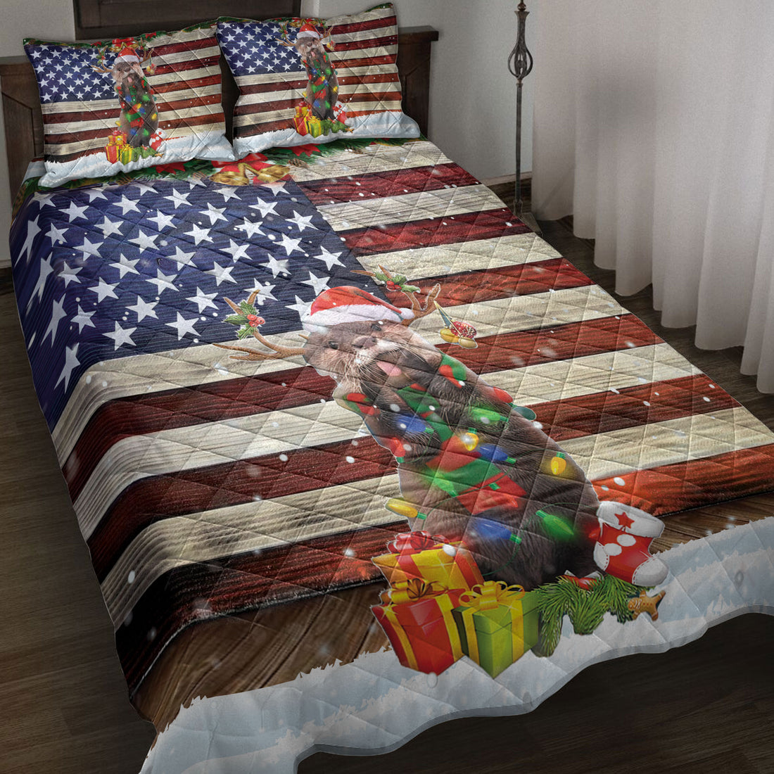 Ohaprints-Quilt-Bed-Set-Pillowcase-Otter-Wearing-A-Reindeer-Hat-Scarf-With-String-Light-American-Flag-Blanket-Bedspread-Bedding-4117-Throw (55'' x 60'')