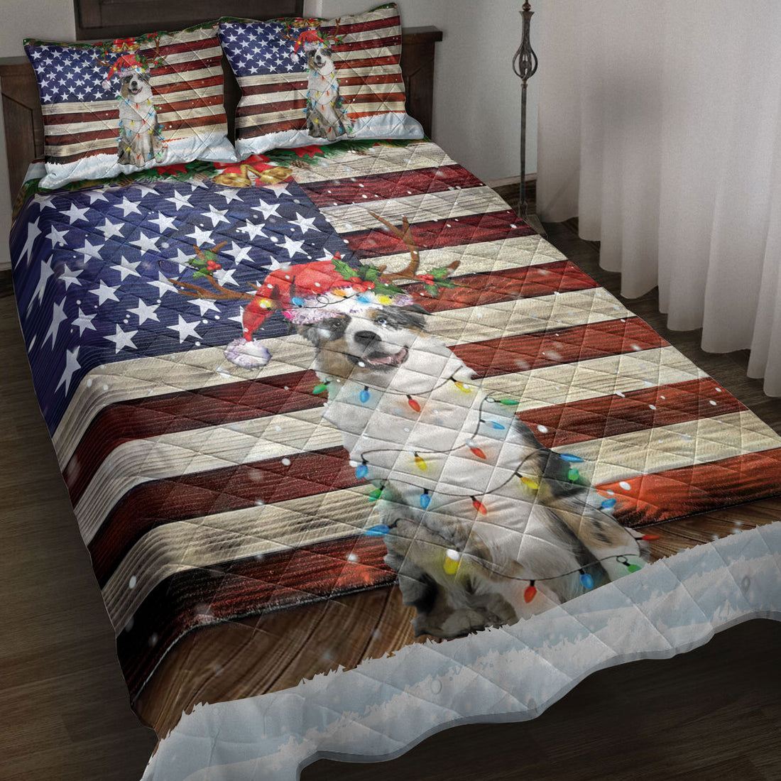 Ohaprints-Quilt-Bed-Set-Pillowcase-Australian-Shepherd-Wearing-A-Red-Reindeer-Hat-With-String-Light-Blanket-Bedspread-Bedding-4118-Throw (55'' x 60'')