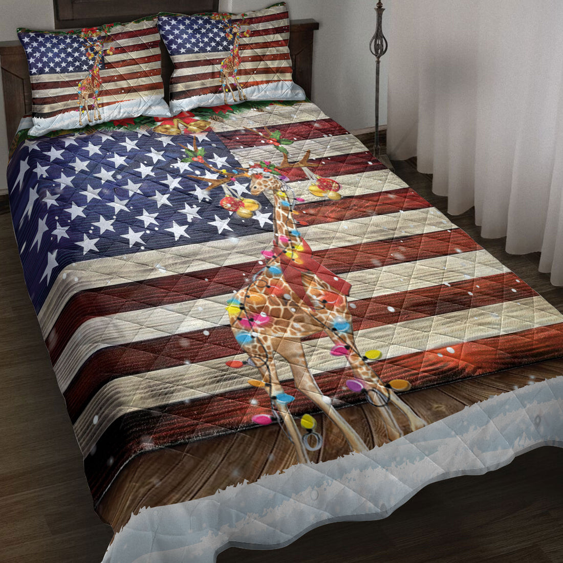 Ohaprints-Quilt-Bed-Set-Pillowcase-Giraffe-Wearing-A-Christmas-Hat-With-String-Light-American-Flag-Blanket-Bedspread-Bedding-4119-Throw (55'' x 60'')