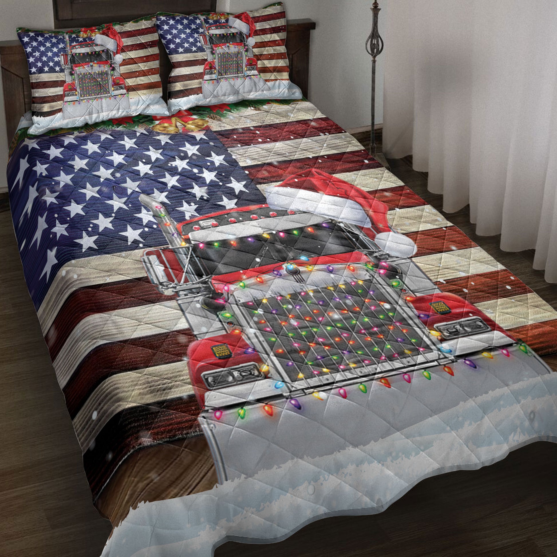 Ohaprints-Quilt-Bed-Set-Pillowcase-Red-Truck-Wearing-A-Christmas-Hat-With-String-Light-American-Flag-Blanket-Bedspread-Bedding-4120-Throw (55'' x 60'')