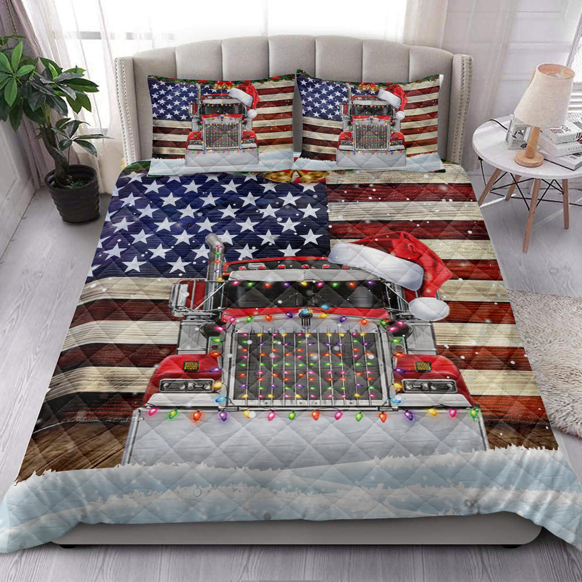 Ohaprints-Quilt-Bed-Set-Pillowcase-Red-Truck-Wearing-A-Christmas-Hat-With-String-Light-American-Flag-Blanket-Bedspread-Bedding-4120-King (90'' x 100'')