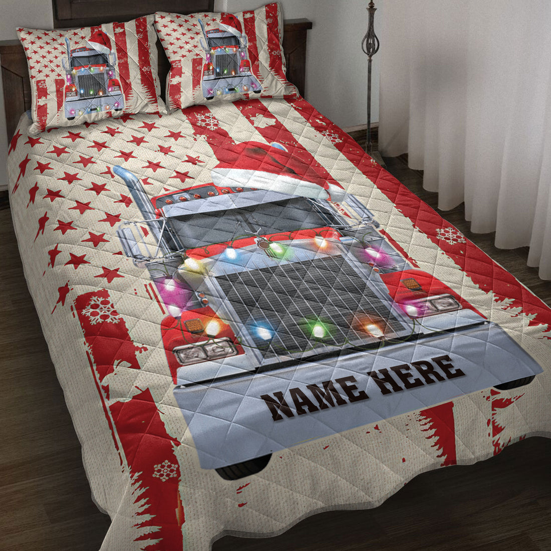 Ohaprints-Quilt-Bed-Set-Pillowcase-Red-Truck-Christmas-String-Light-Usa-Flag-Custom-Personalized-Name-Blanket-Bedspread-Bedding-4121-Throw (55'' x 60'')