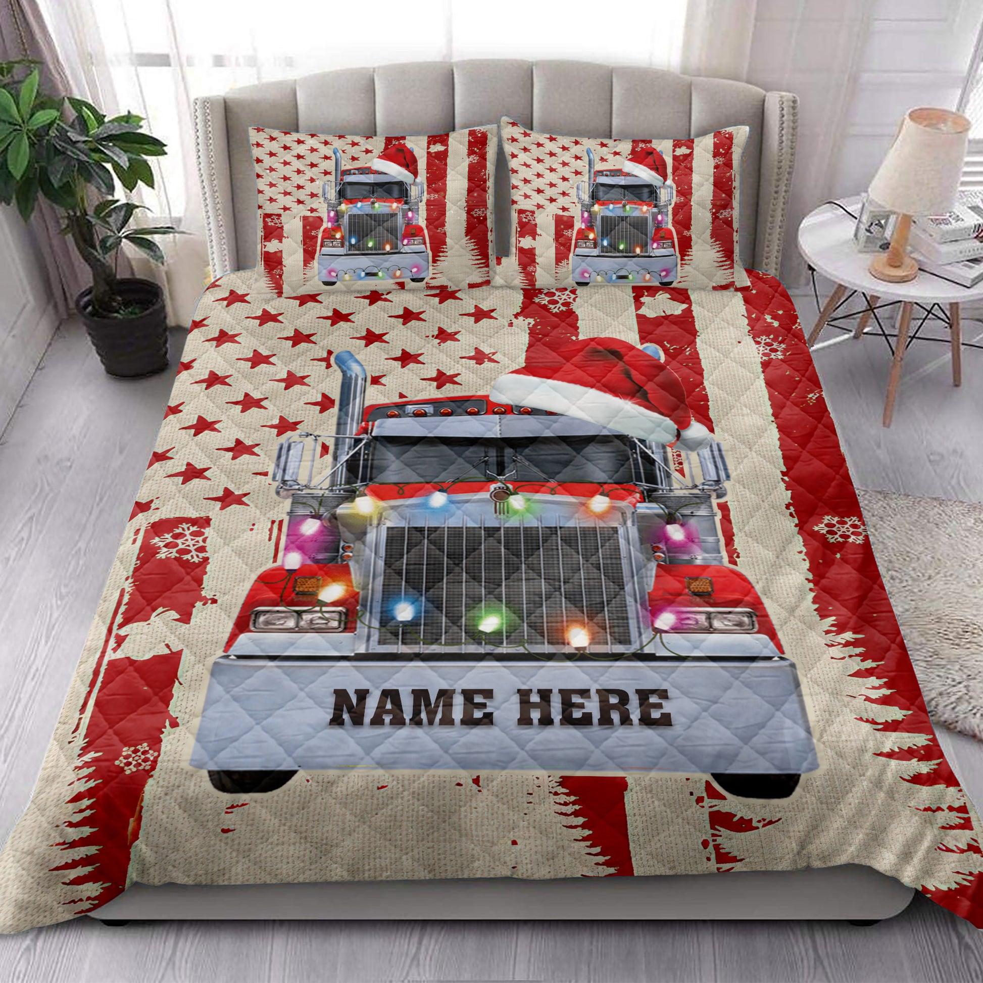 Ohaprints-Quilt-Bed-Set-Pillowcase-Red-Truck-Christmas-String-Light-Usa-Flag-Custom-Personalized-Name-Blanket-Bedspread-Bedding-4121-King (90'' x 100'')