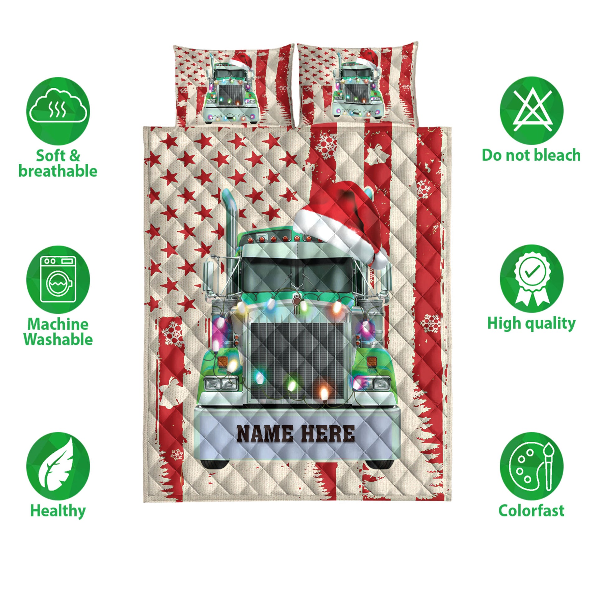 Ohaprints-Quilt-Bed-Set-Pillowcase-Green-Truck-Christmas-String-Light-Us-Flag-Custom-Personalized-Name-Blanket-Bedspread-Bedding-4123-Double (70'' x 80'')