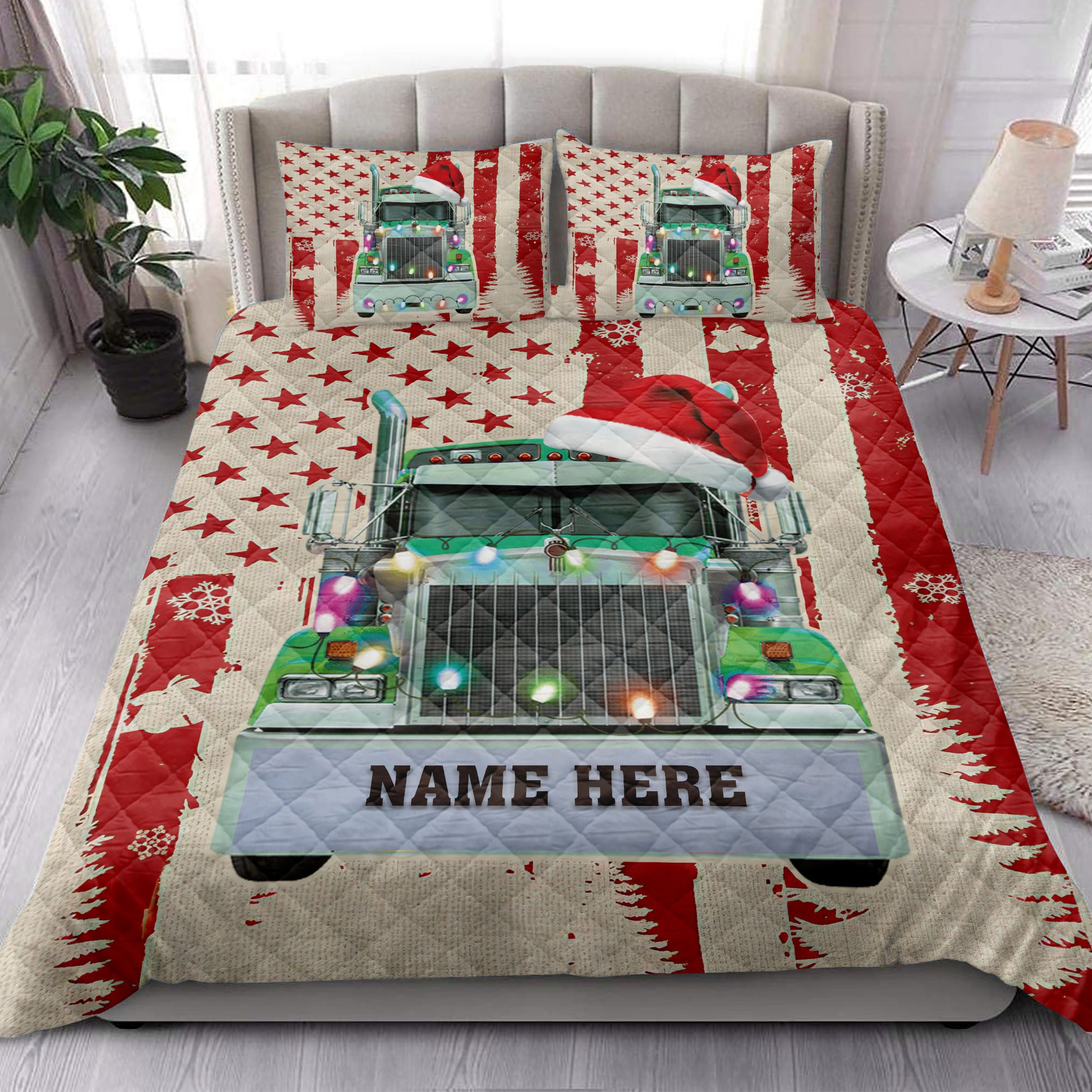 Ohaprints-Quilt-Bed-Set-Pillowcase-Green-Truck-Christmas-String-Light-Us-Flag-Custom-Personalized-Name-Blanket-Bedspread-Bedding-4123-King (90'' x 100'')