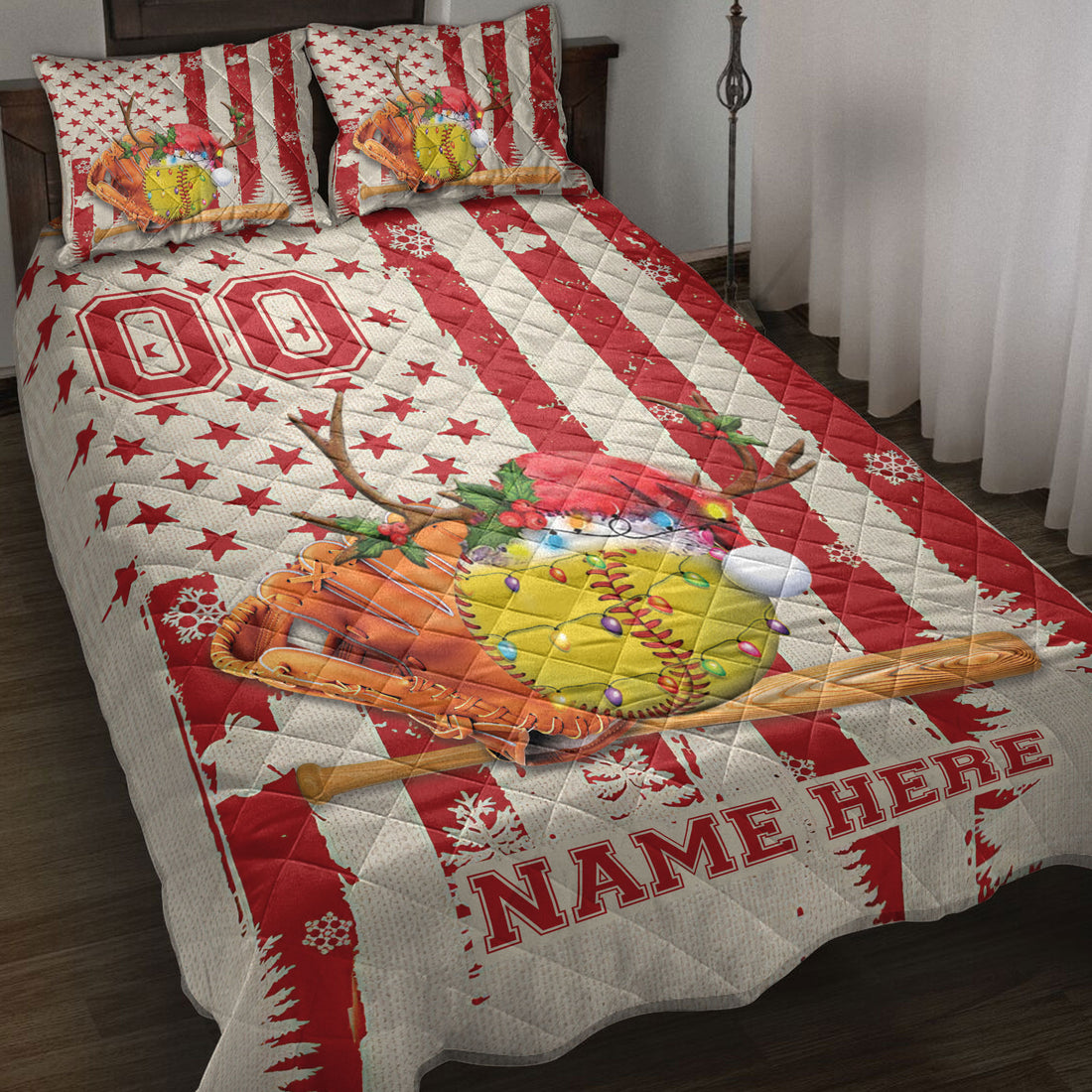 Ohaprints-Quilt-Bed-Set-Pillowcase-Softball-Christmas-Hat-String-Light-Custom-Personalized-Name-Number-Blanket-Bedspread-Bedding-4124-Throw (55'' x 60'')