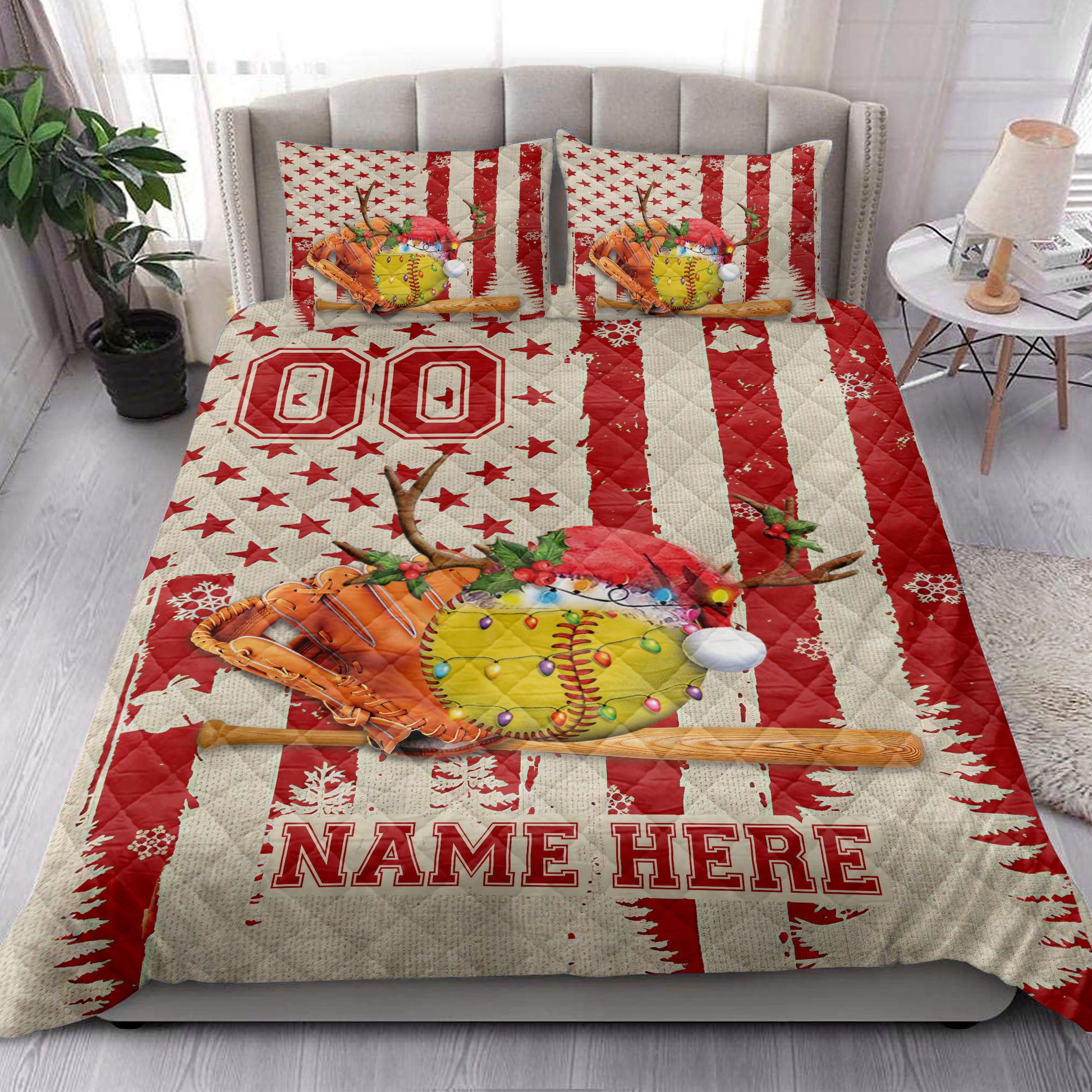 Ohaprints-Quilt-Bed-Set-Pillowcase-Softball-Christmas-Hat-String-Light-Custom-Personalized-Name-Number-Blanket-Bedspread-Bedding-4124-King (90'' x 100'')