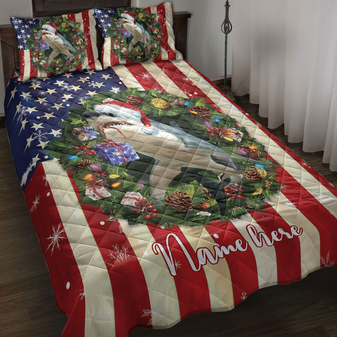 Ohaprints-Quilt-Bed-Set-Pillowcase-Shark-Wearing-Christmas-Hat-Wreath-Custom-Personalized-Name-Blanket-Bedspread-Bedding-4126-Throw (55'' x 60'')