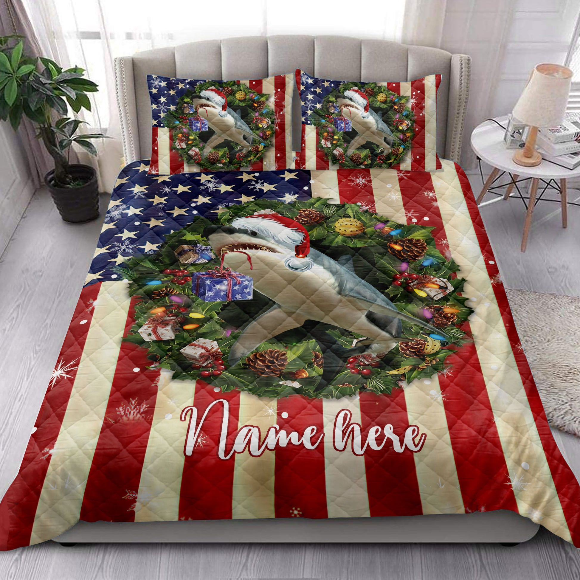 Ohaprints-Quilt-Bed-Set-Pillowcase-Shark-Wearing-Christmas-Hat-Wreath-Custom-Personalized-Name-Blanket-Bedspread-Bedding-4126-King (90'' x 100'')