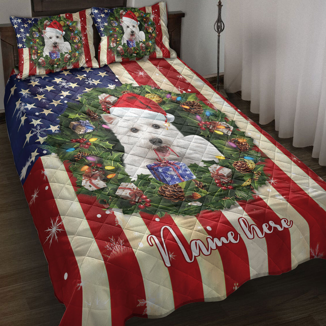 Ohaprints-Quilt-Bed-Set-Pillowcase-West-Highland-Wearing-Christmas-Hat-Wreath-Custom-Personalized-Name-Blanket-Bedspread-Bedding-4127-Throw (55'' x 60'')