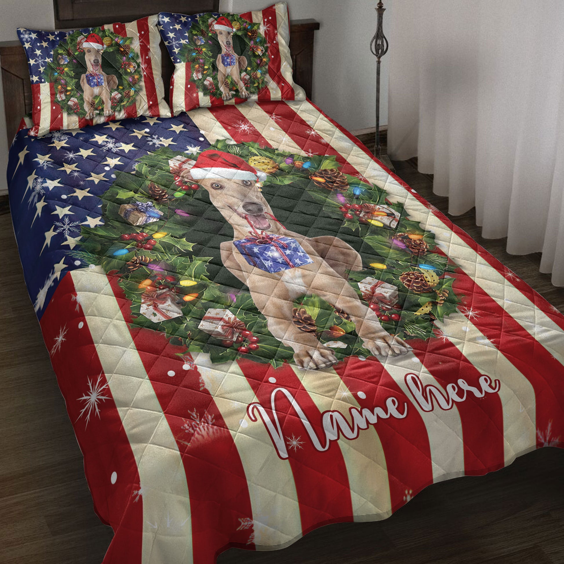 Ohaprints-Quilt-Bed-Set-Pillowcase-Greyhound-Wearing-Christmas-Hat-Wreath-Custom-Personalized-Name-Blanket-Bedspread-Bedding-4129-Throw (55'' x 60'')