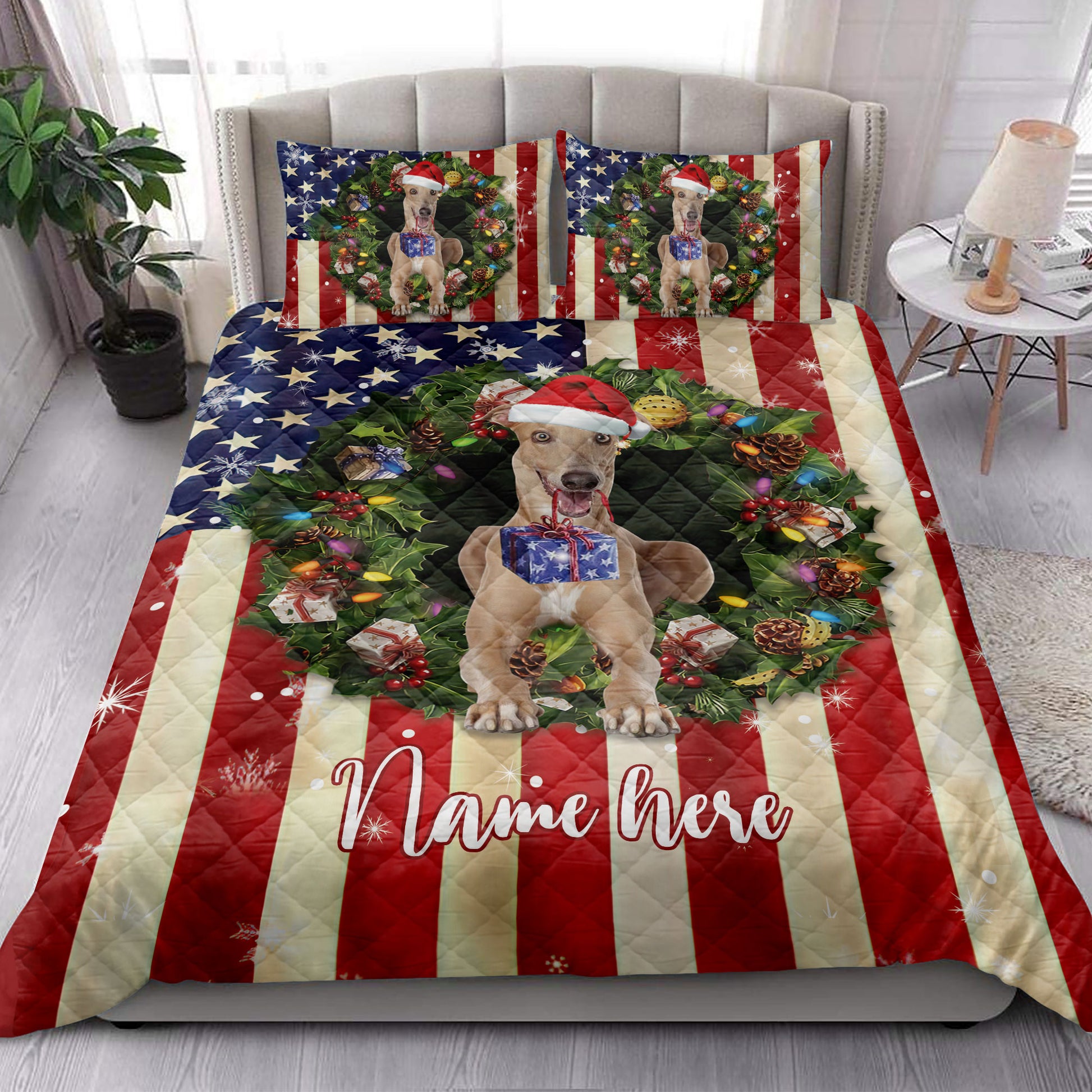 Ohaprints-Quilt-Bed-Set-Pillowcase-Greyhound-Wearing-Christmas-Hat-Wreath-Custom-Personalized-Name-Blanket-Bedspread-Bedding-4129-King (90'' x 100'')