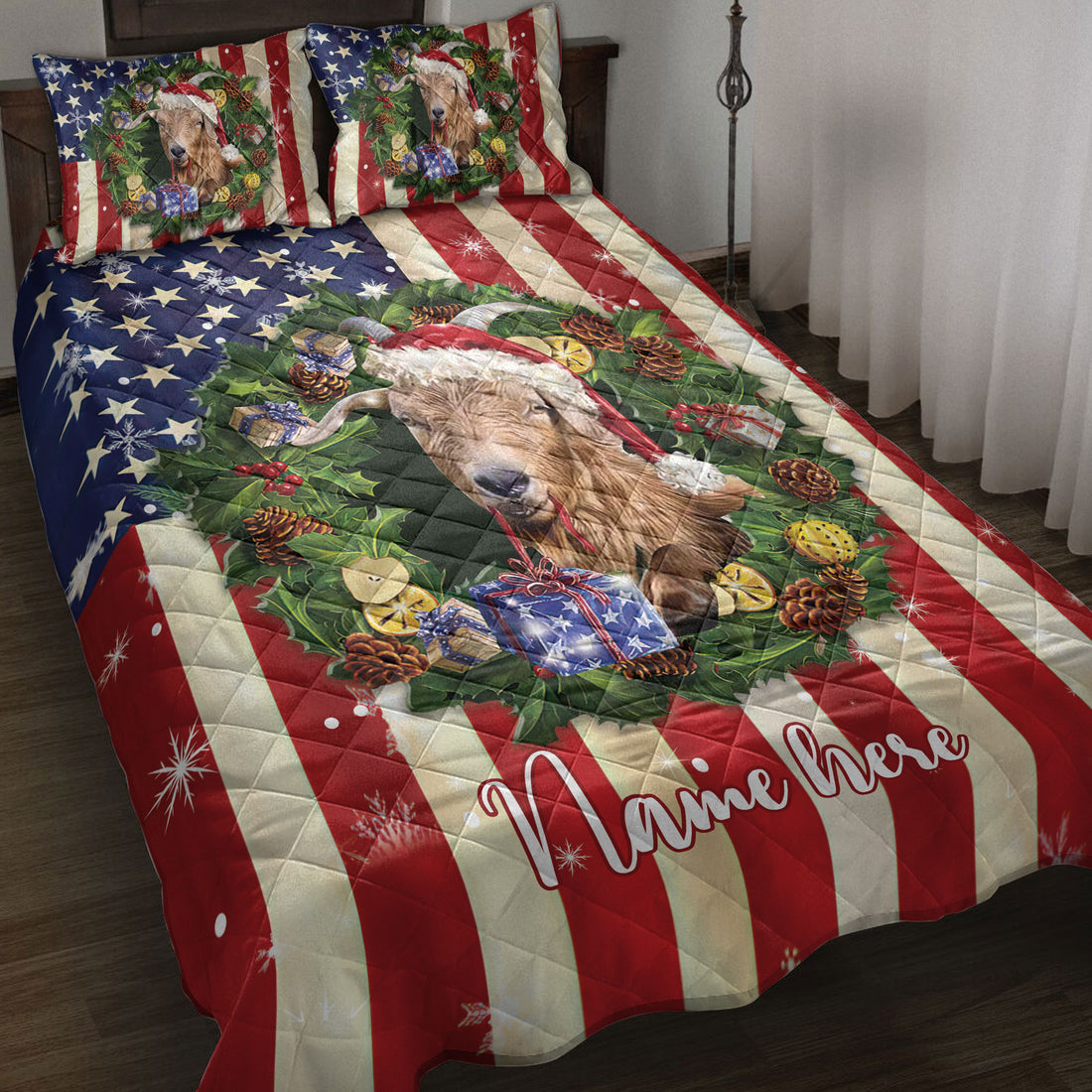 Ohaprints-Quilt-Bed-Set-Pillowcase-Goat-Wearing-Christmas-Hat-Wreath-Custom-Personalized-Name-Blanket-Bedspread-Bedding-4130-Throw (55'' x 60'')